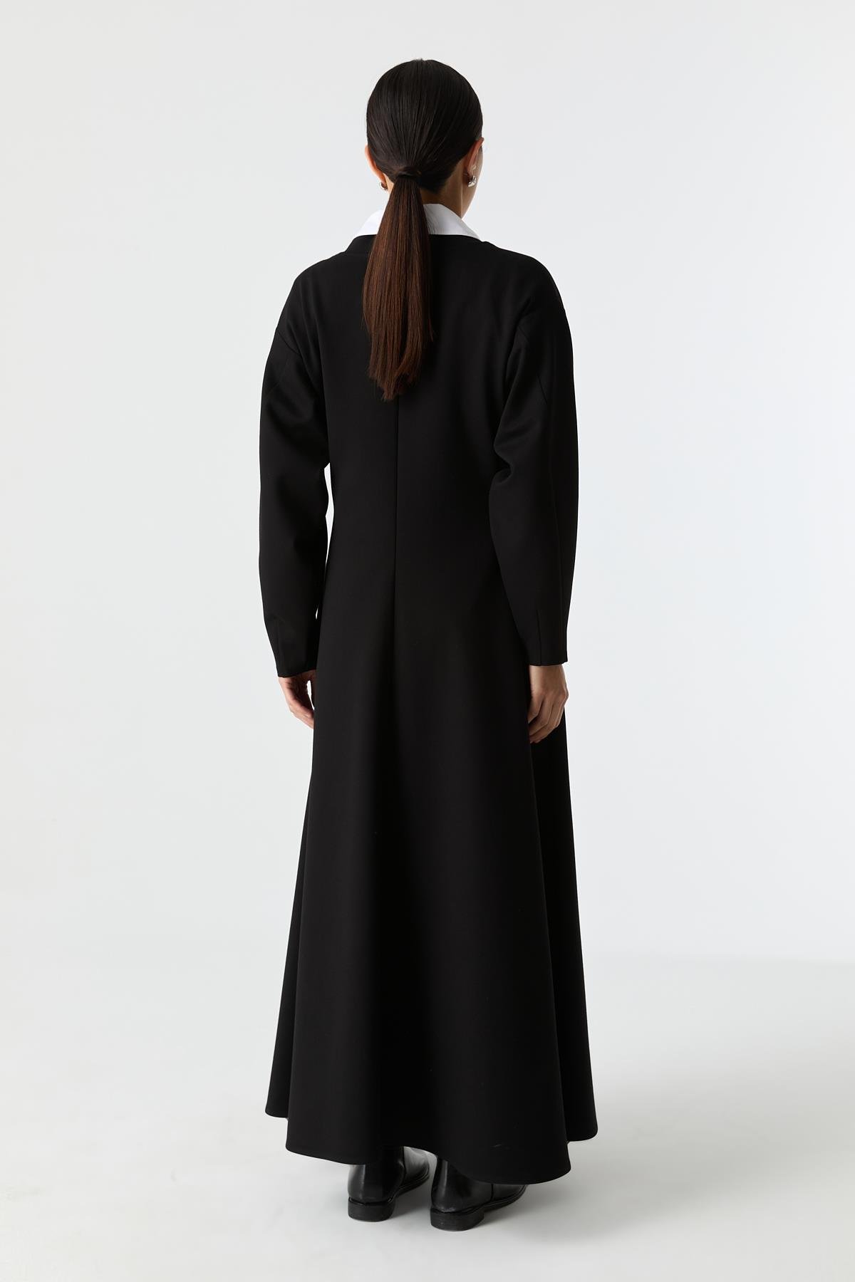 Esnek Dokulu Derin V Yaka Elbise SİYAH{KATEGORİ}