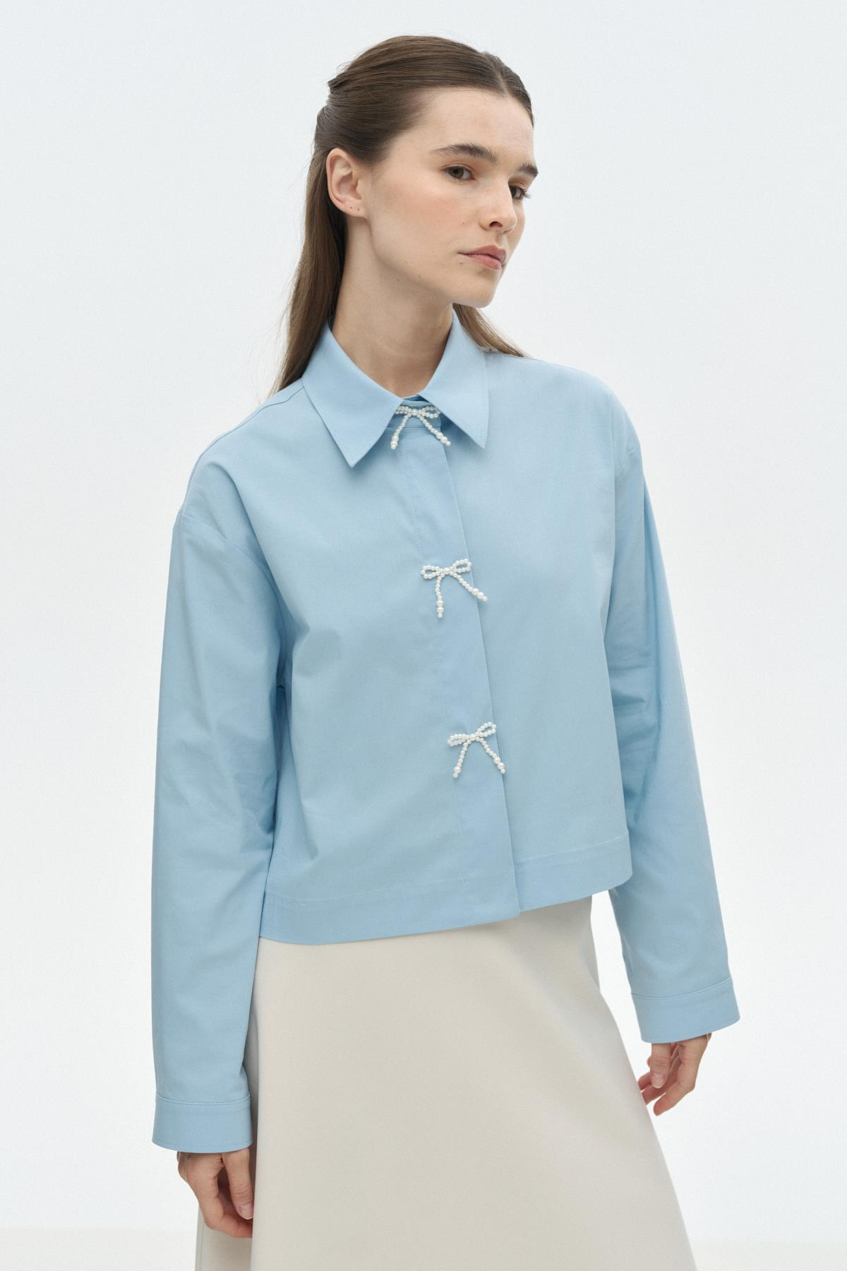 Fiyonklu Crop Gömlek MAVİ{KATEGORİ}