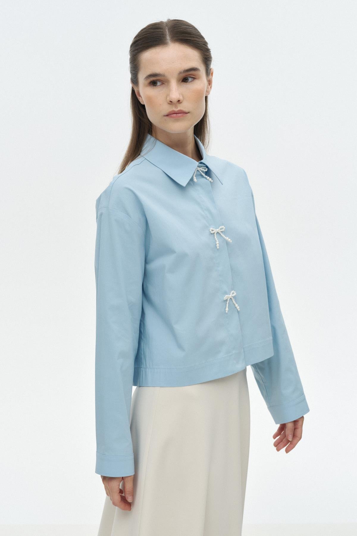 Fiyonklu Crop Gömlek MAVİ{KATEGORİ}