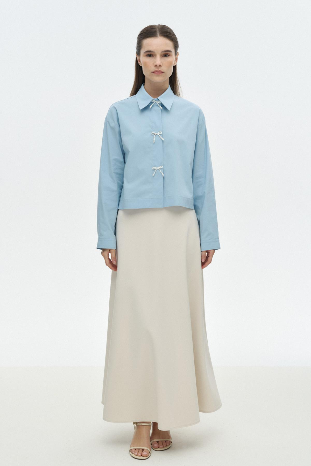 Fiyonklu Crop Gömlek MAVİ{KATEGORİ}