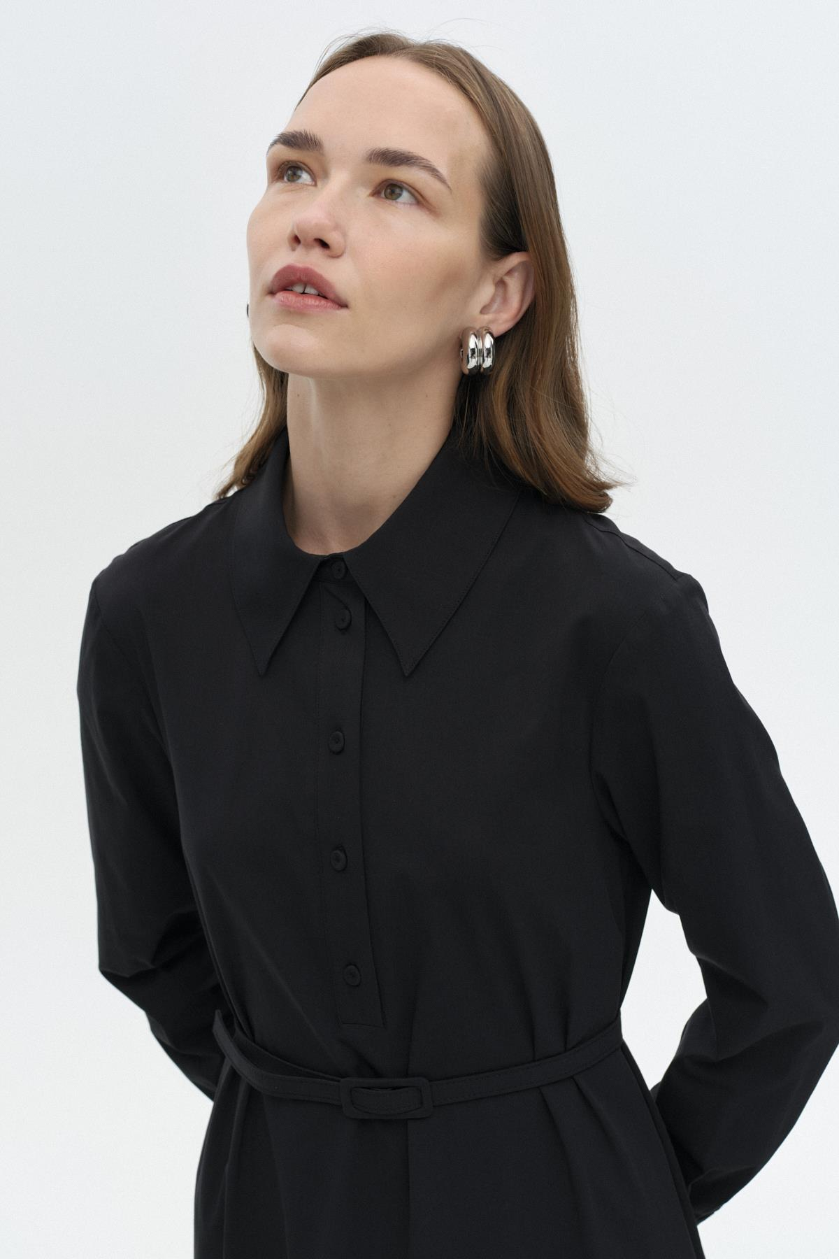 Gode Detaylı Kemerli Elbise SİYAH{KATEGORİ}