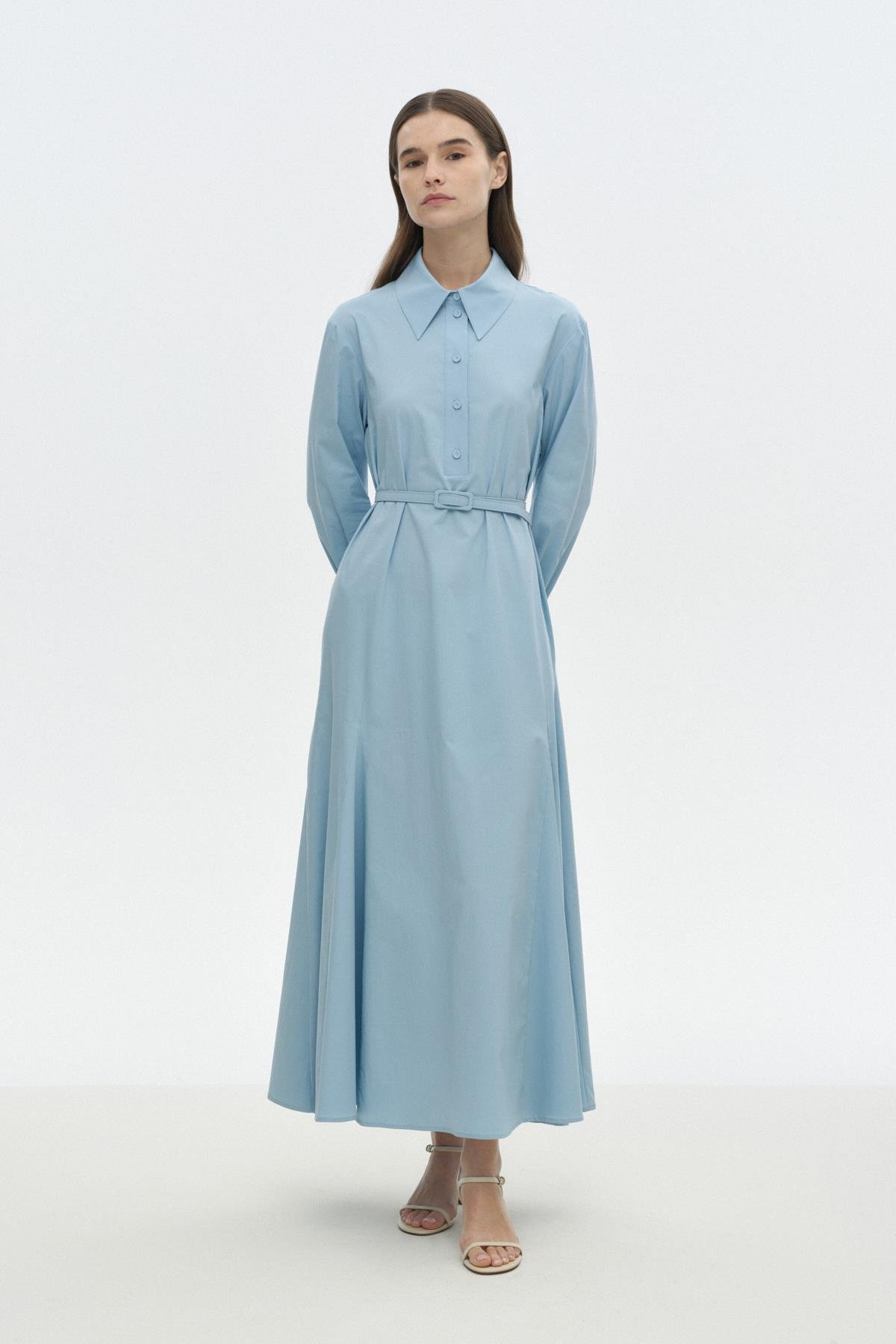 Gode Detaylı Kemerli Elbise MAVİ{KATEGORİ}