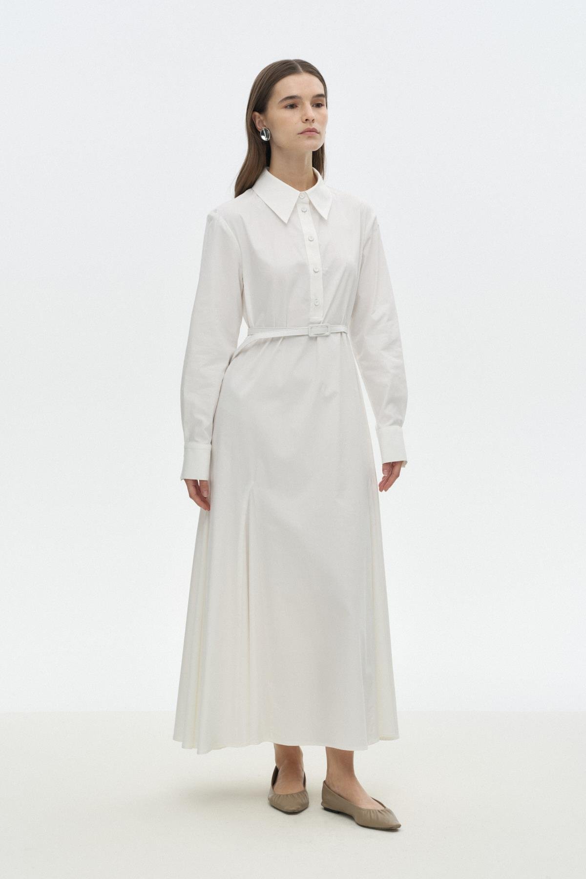 Gode Detaylı Kemerli Elbise BEYAZ{KATEGORİ}