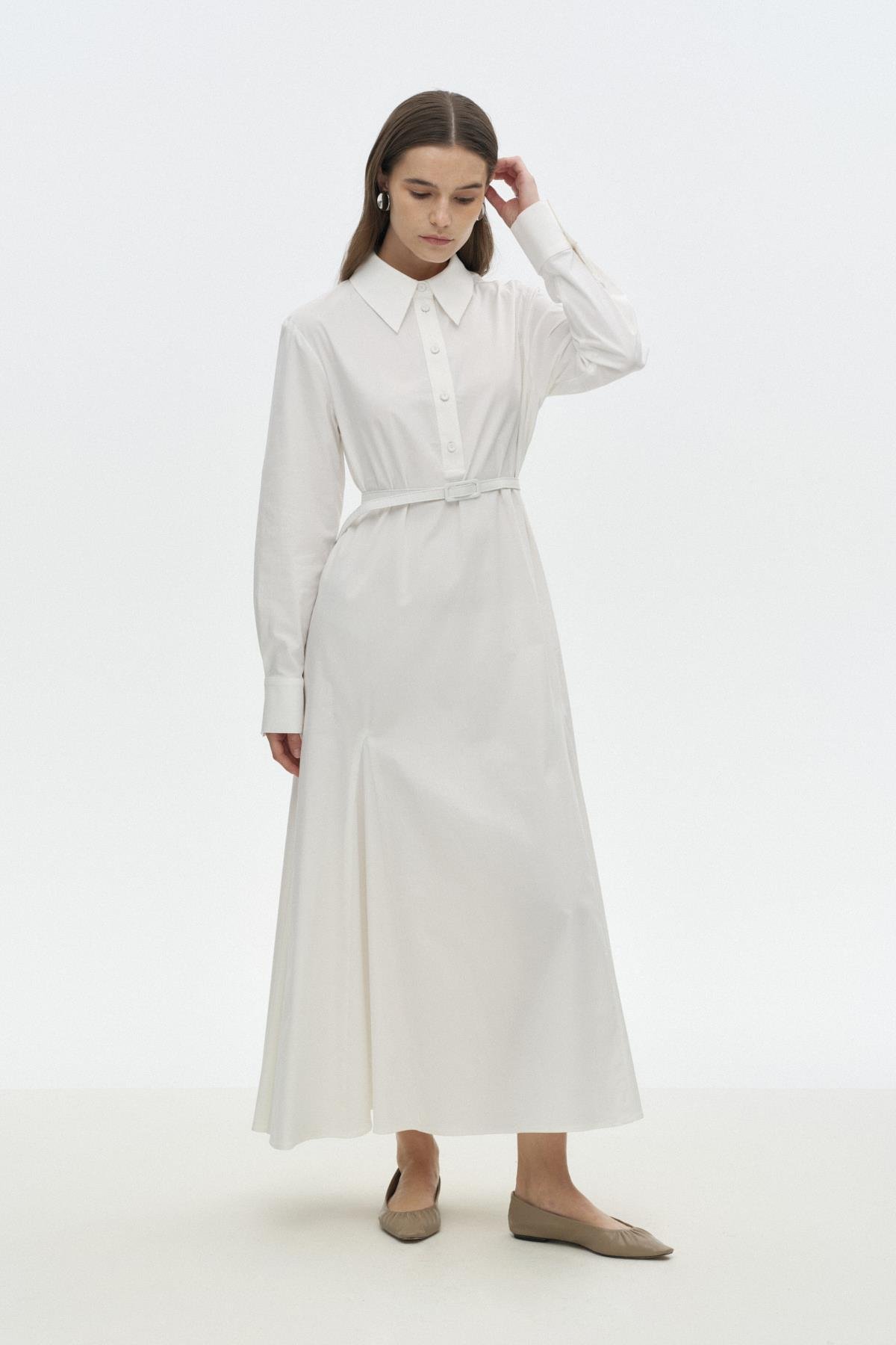 Gode Detaylı Kemerli Elbise BEYAZ{KATEGORİ}