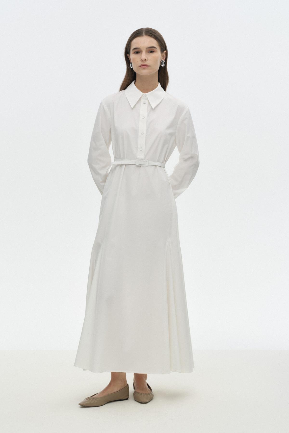 Gode Detaylı Kemerli Elbise BEYAZ{KATEGORİ}