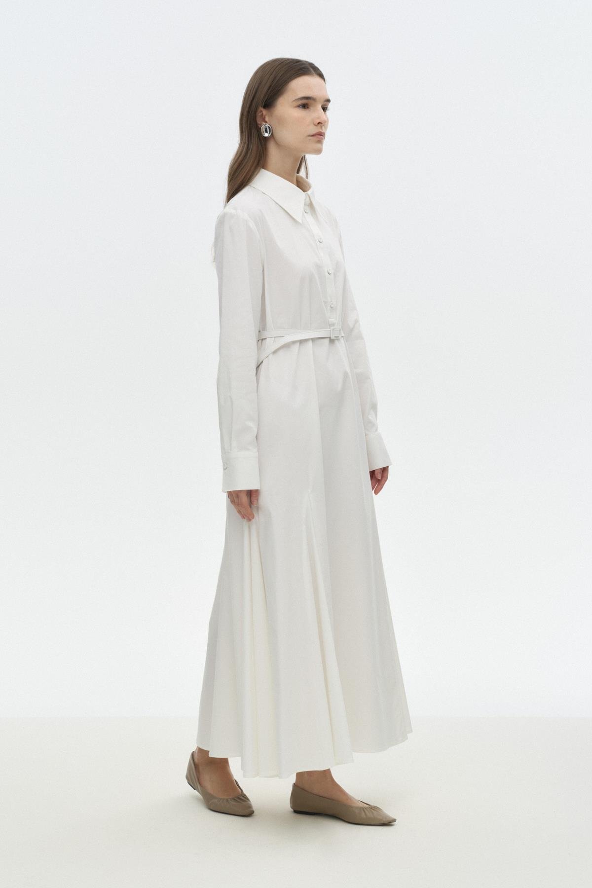 Gode Detaylı Kemerli Elbise BEYAZ{KATEGORİ}