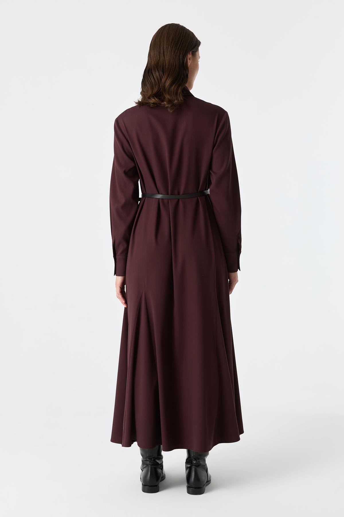 Kare Düğmeli Gode Detaylı Elbise BORDO{KATEGORİ}