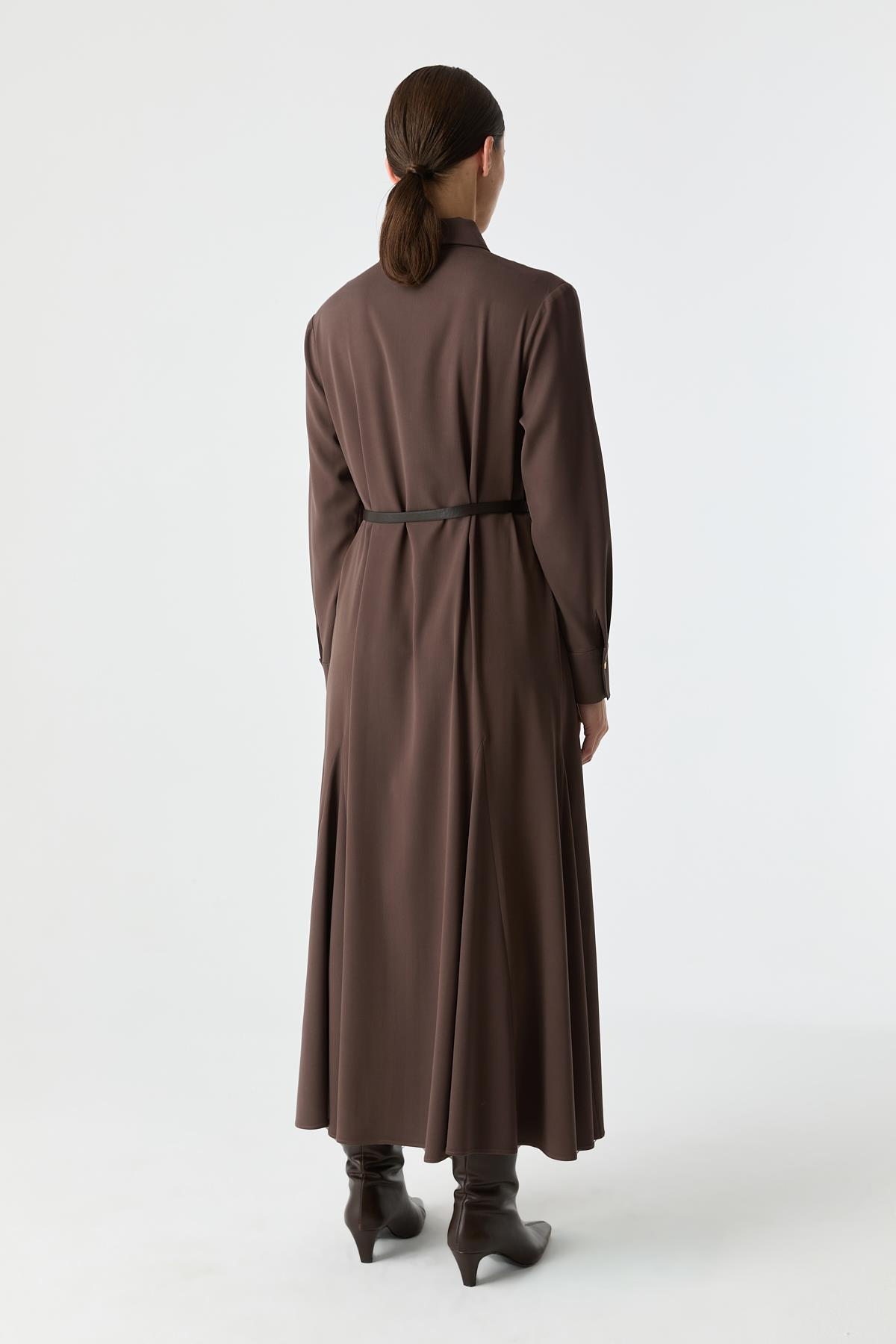 Kare Düğmeli Gode Detaylı Elbise KAHVERENGİ{KATEGORİ}