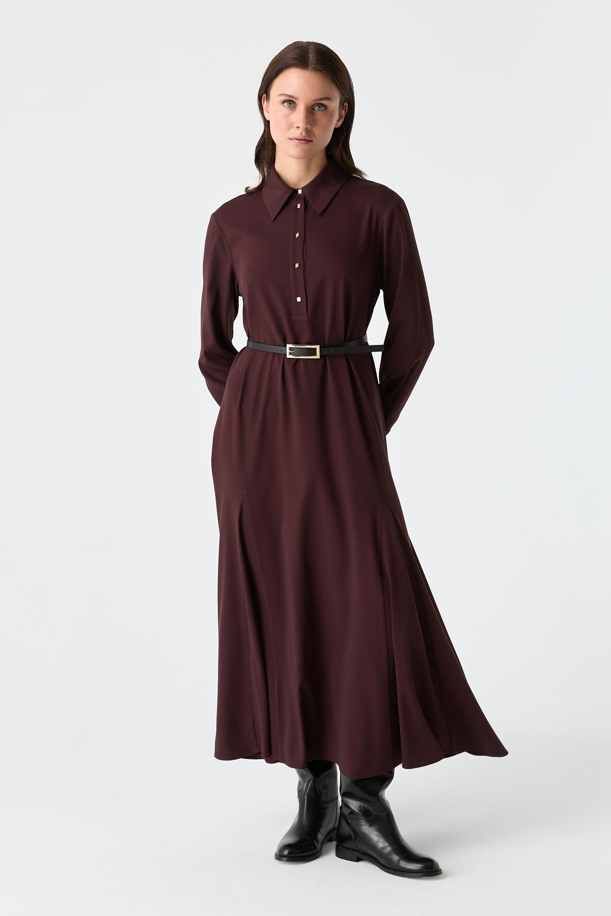 Kare Düğmeli Gode Detaylı Elbise BORDO{KATEGORİ}