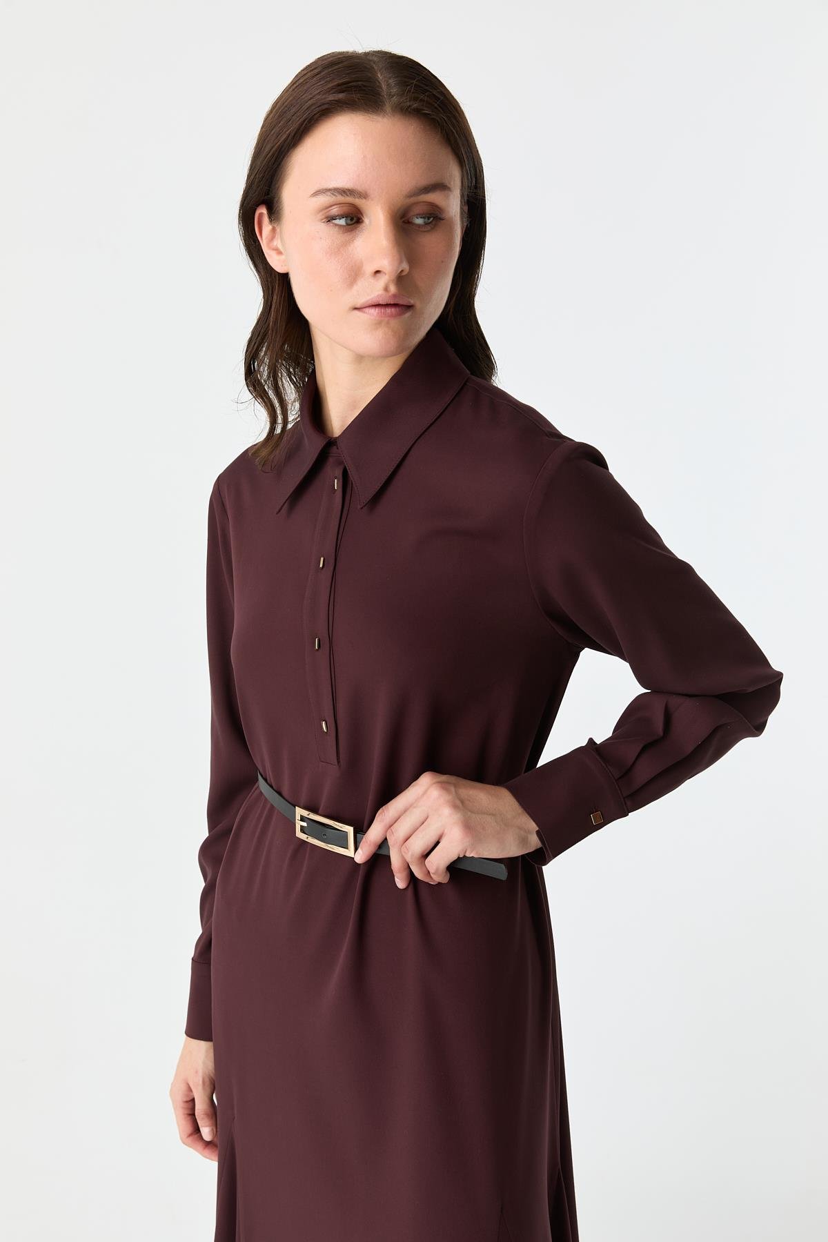 Kare Düğmeli Gode Detaylı Elbise BORDO{KATEGORİ}