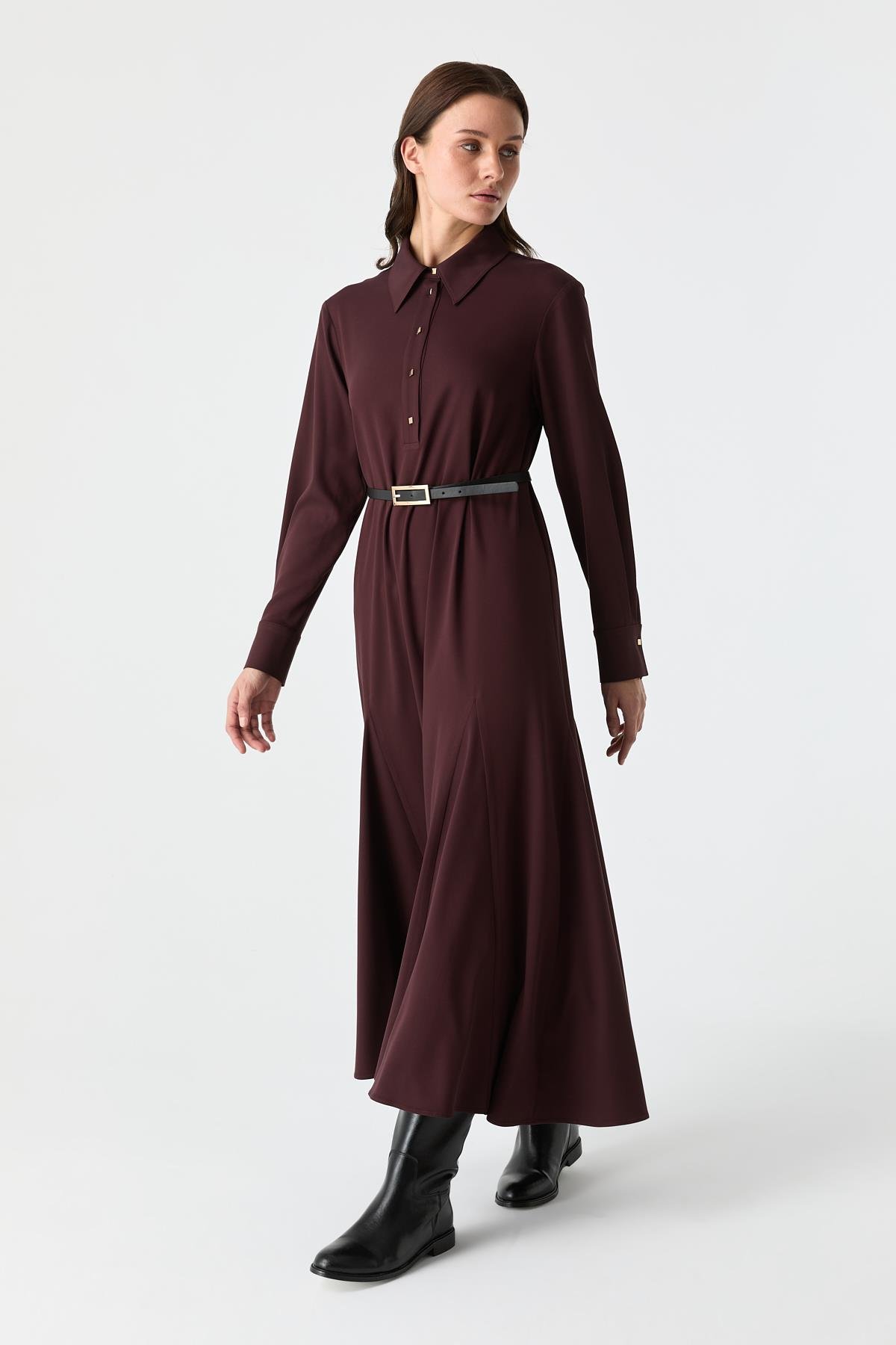 Kare Düğmeli Gode Detaylı Elbise BORDO{KATEGORİ}