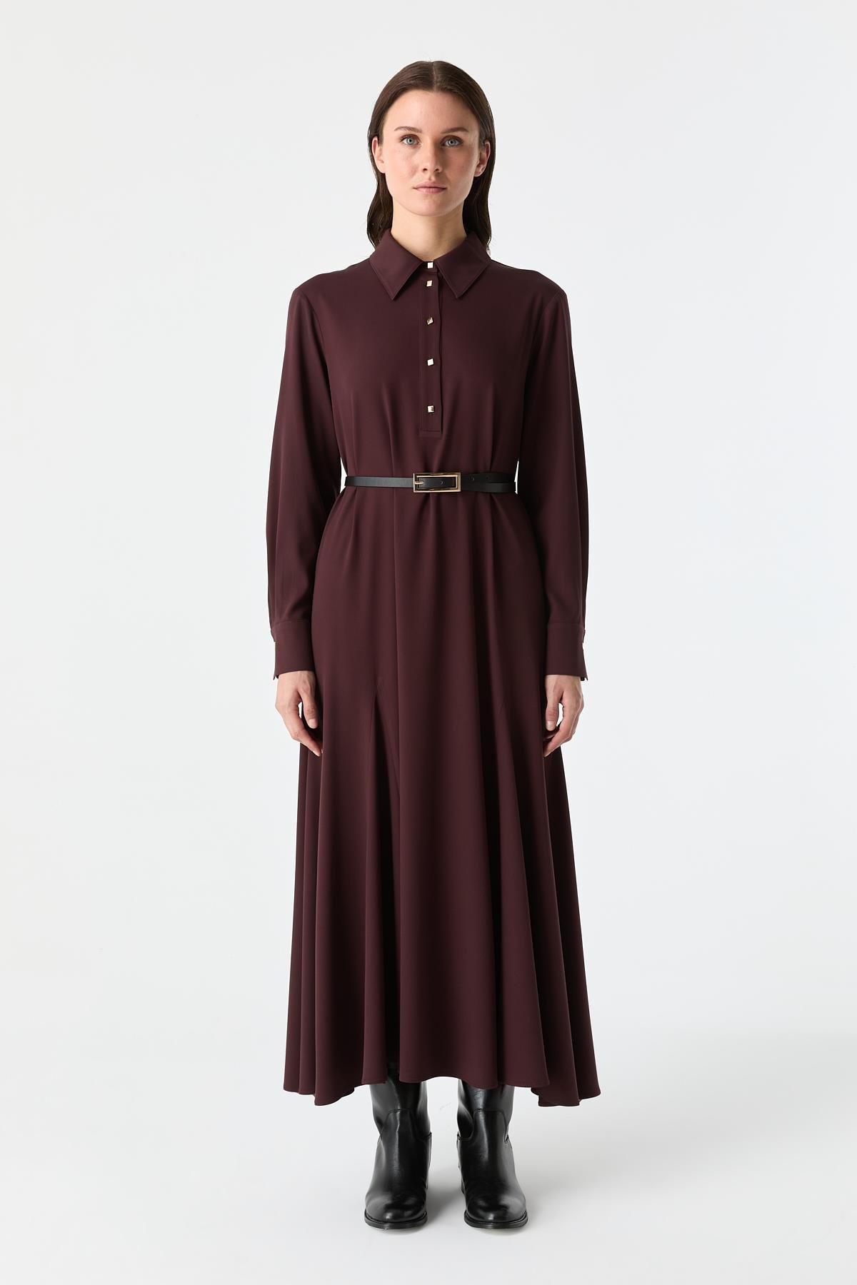 Kare Düğmeli Gode Detaylı Elbise BORDO{KATEGORİ}