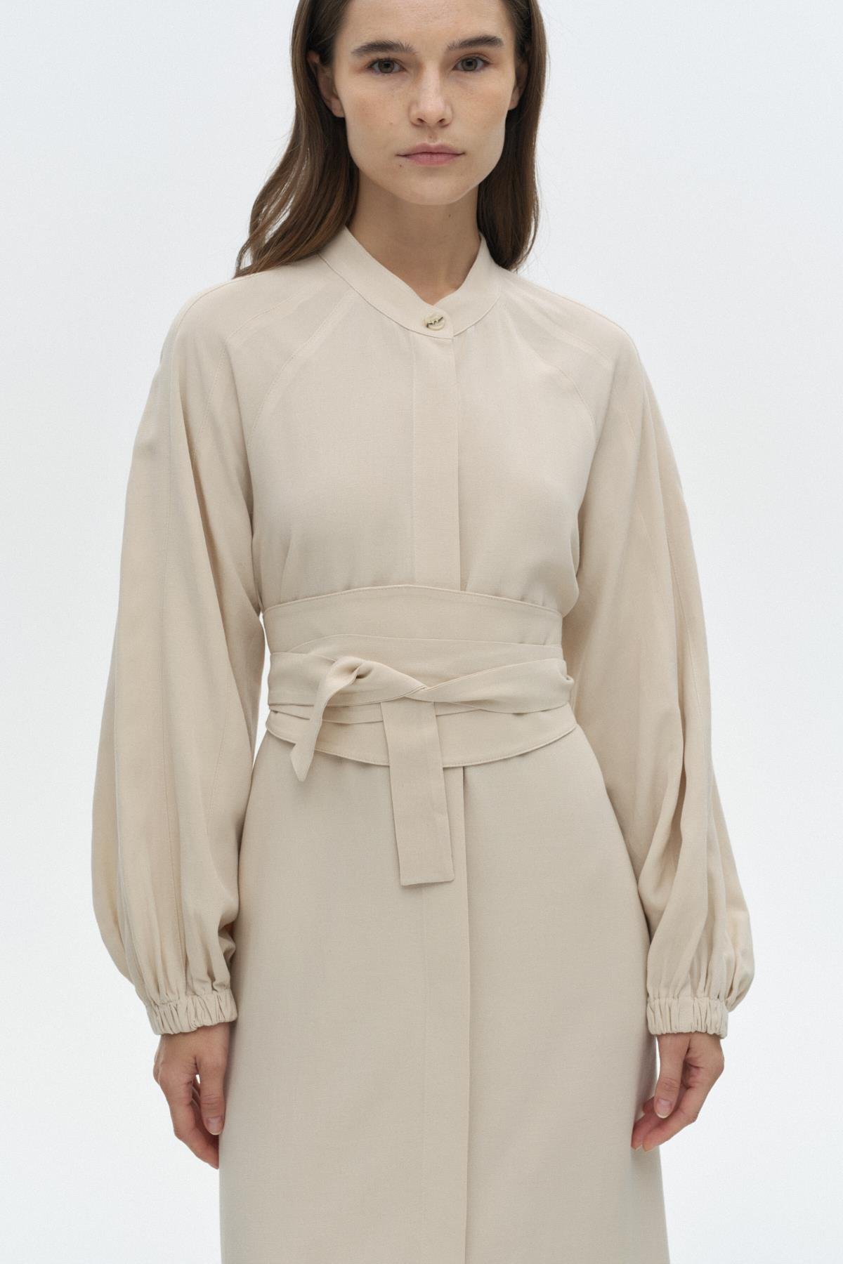 Kemerli Keten Elbise BEJ{KATEGORİ}