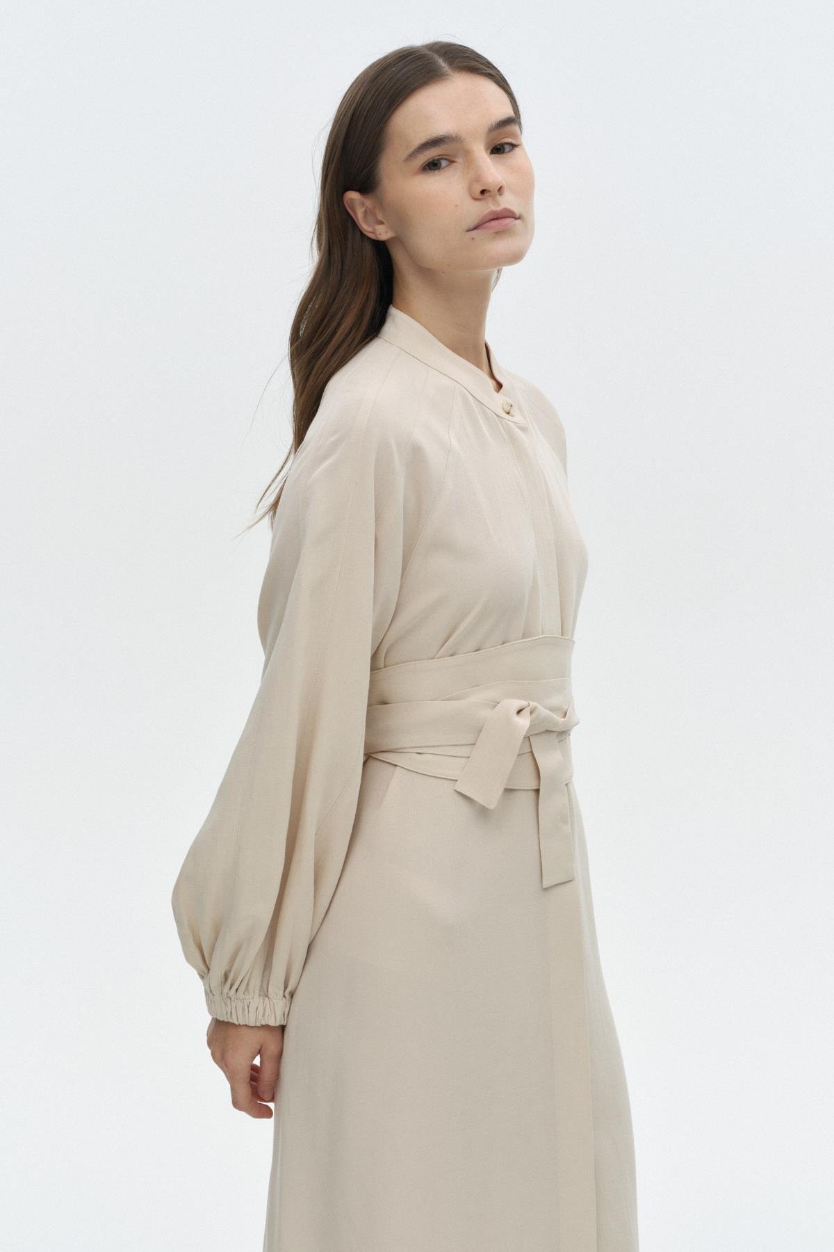 Kemerli Keten Elbise BEJ{KATEGORİ}