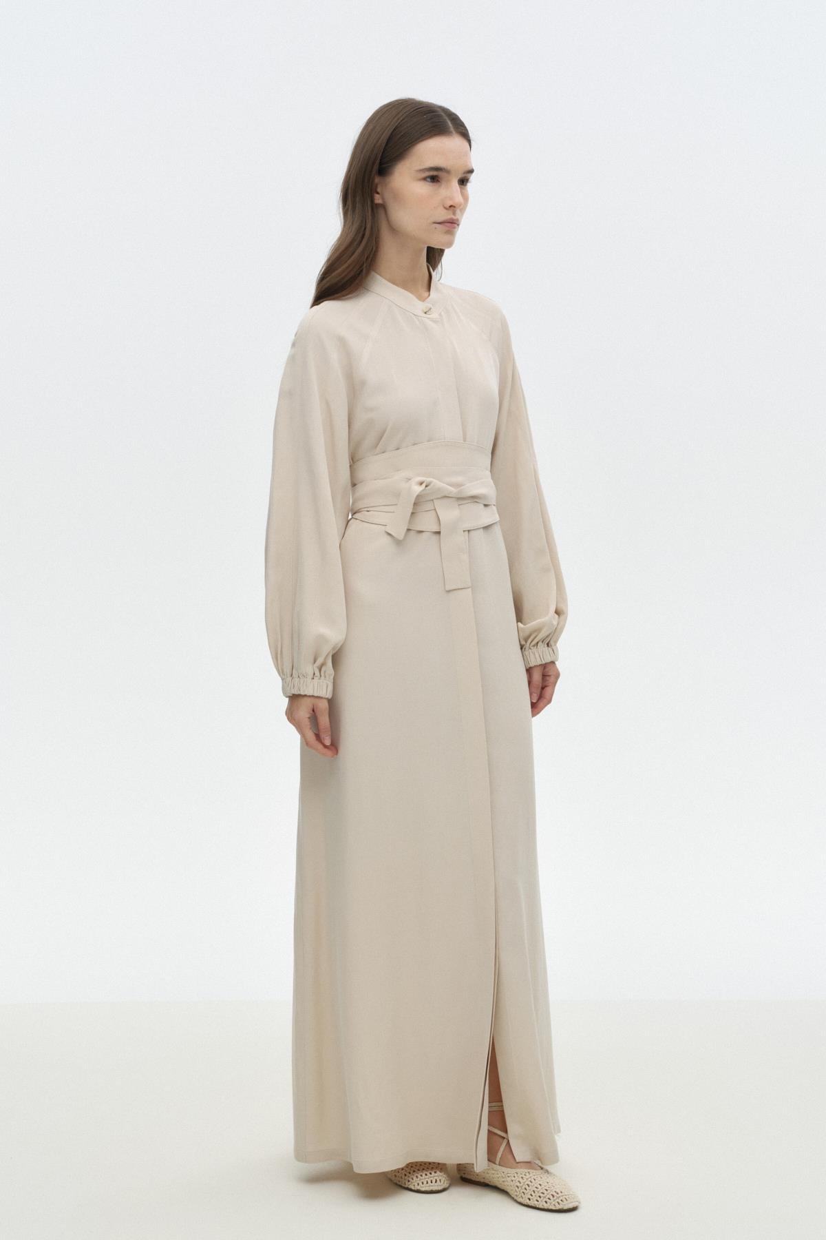 Kemerli Keten Elbise BEJ{KATEGORİ}