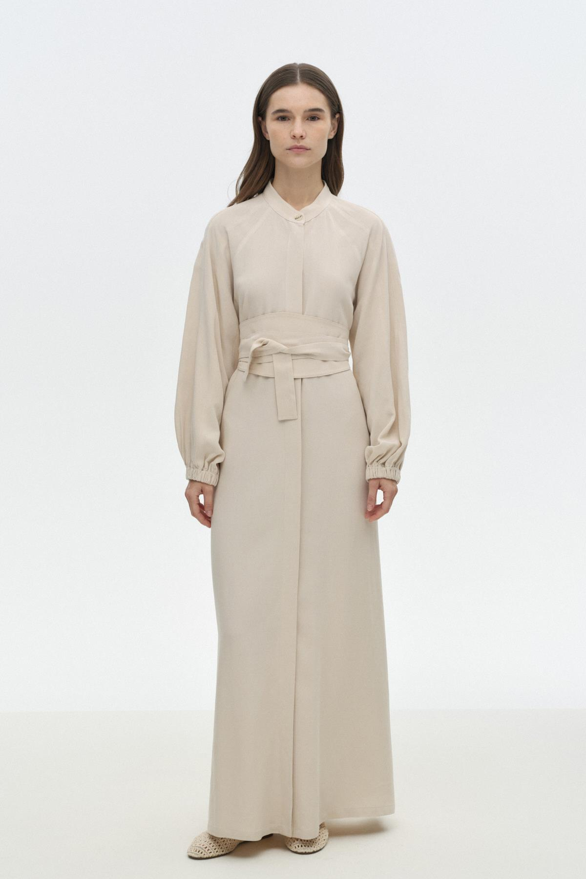 Kemerli Keten Elbise BEJ{KATEGORİ}