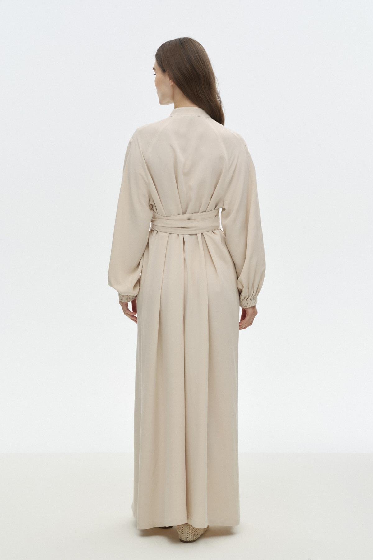 Kemerli Keten Elbise BEJ{KATEGORİ}