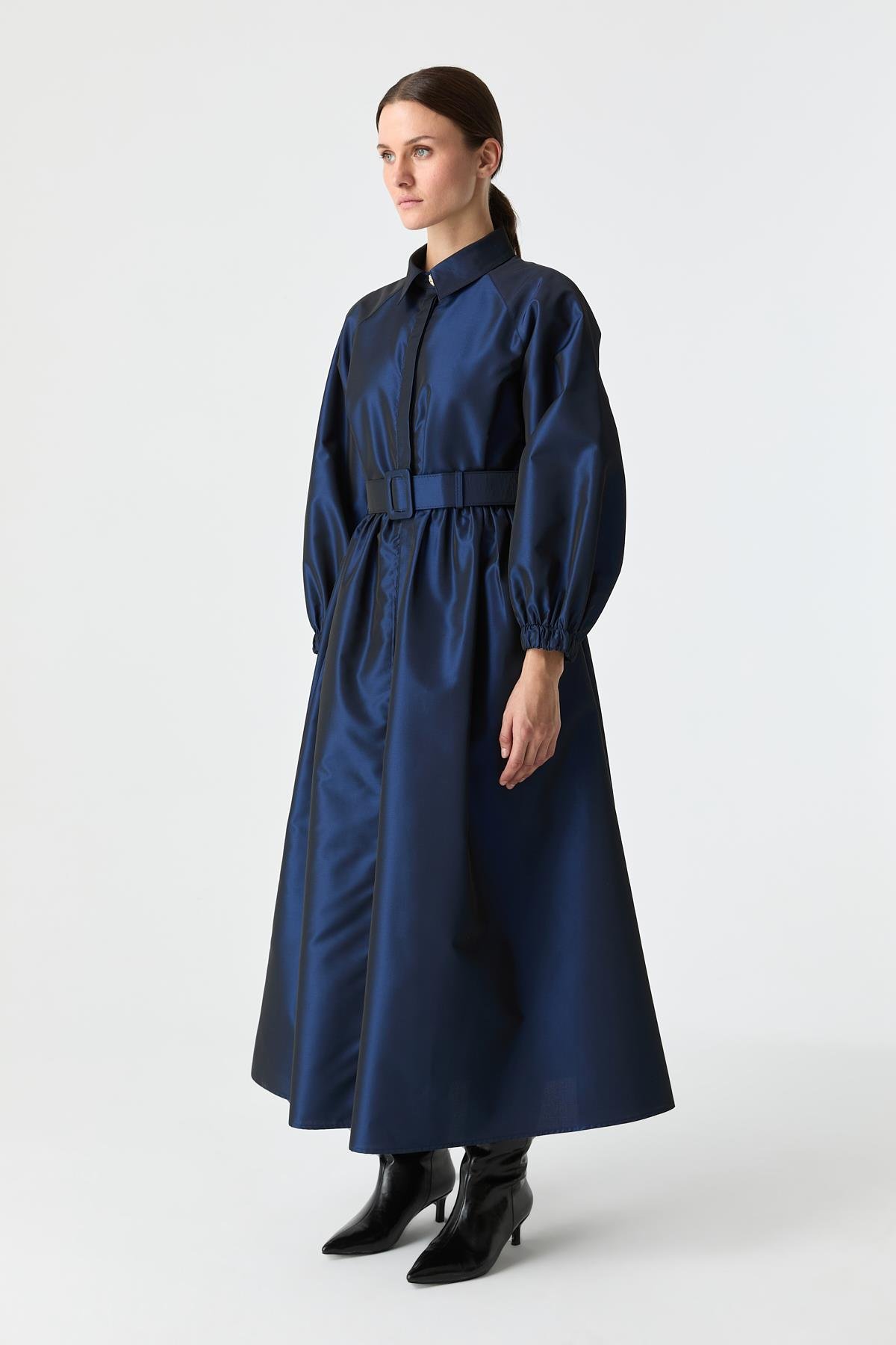 Kemerli Tafta Elbise GECE MAVİSİ{KATEGORİ}