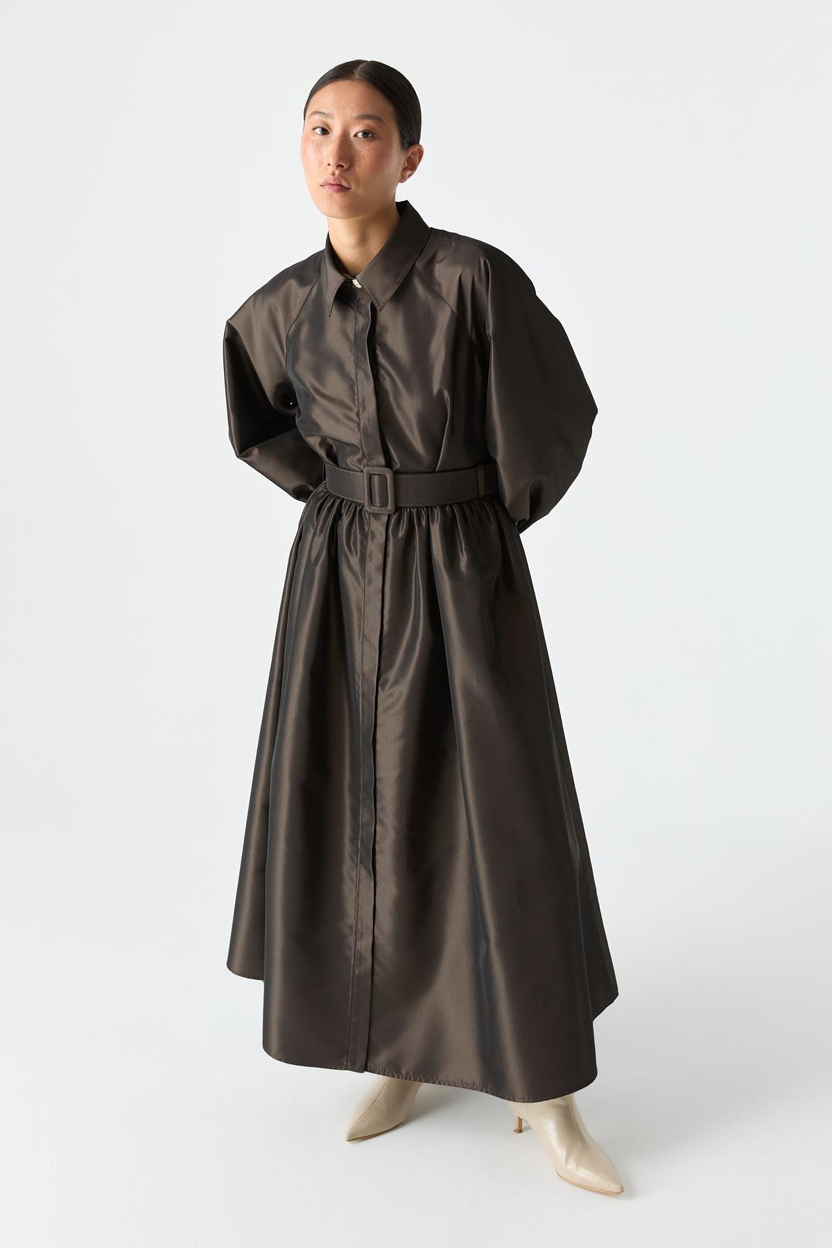 Kemerli Tafta Elbise KAHVERENGİ{KATEGORİ}