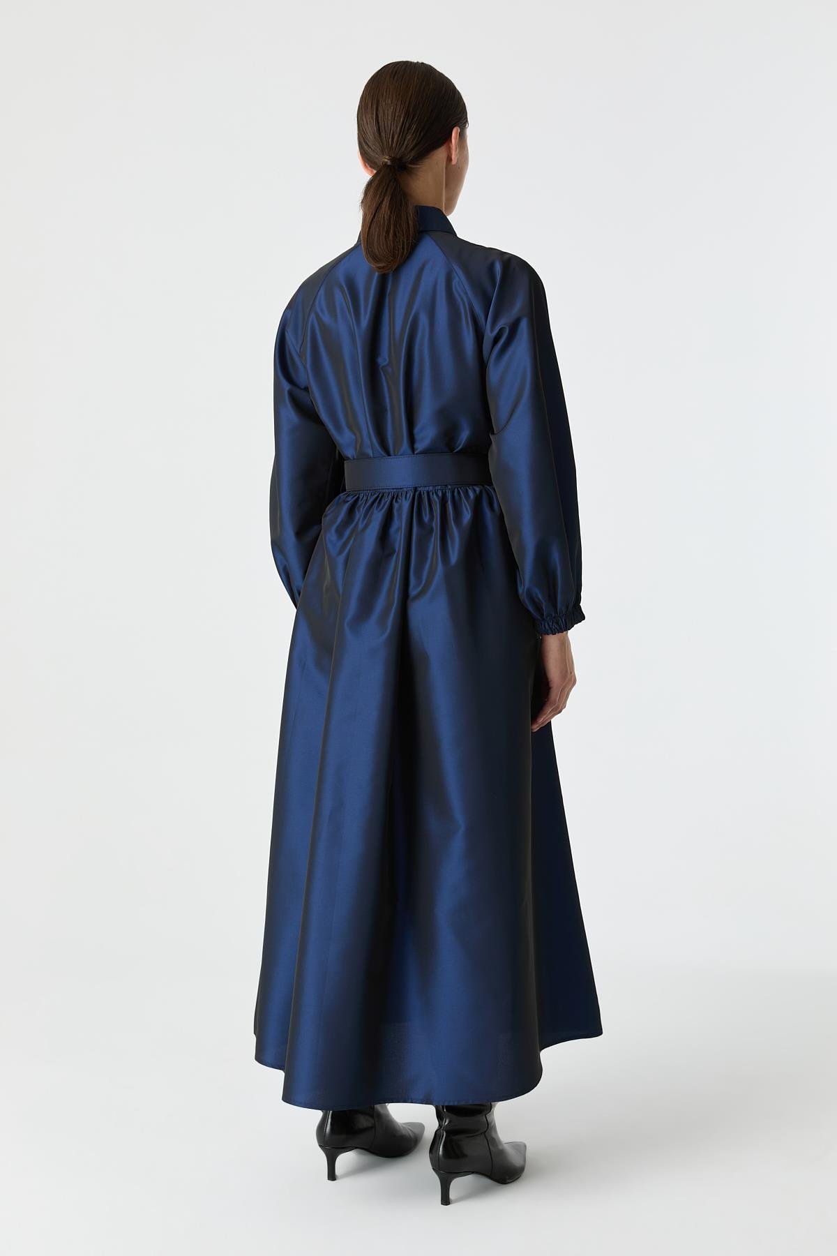 Kemerli Tafta Elbise GECE MAVİSİ{KATEGORİ}