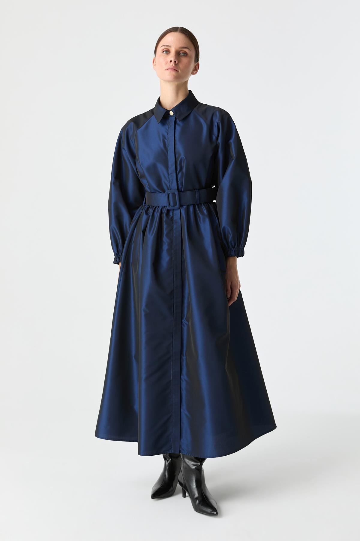 Kemerli Tafta Elbise GECE MAVİSİ{KATEGORİ}