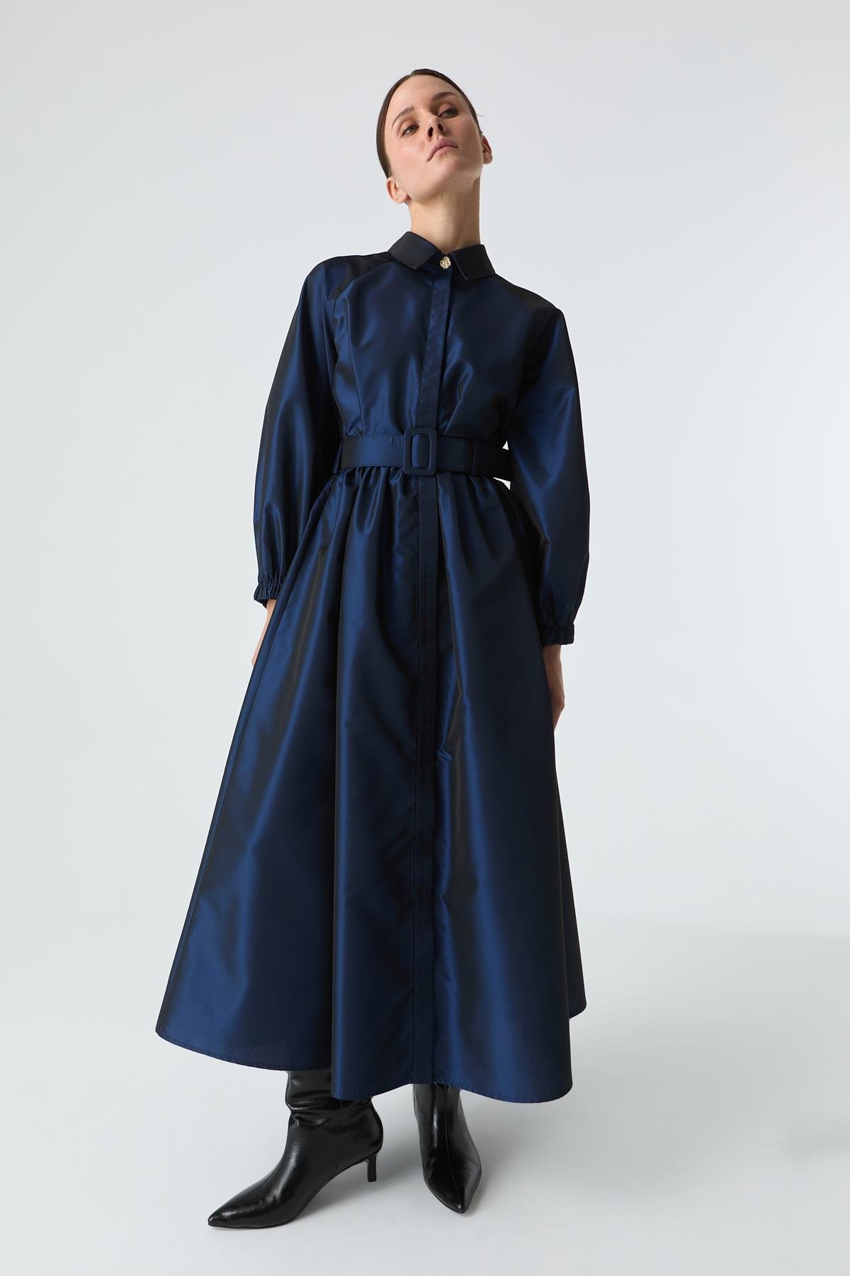 Kemerli Tafta Elbise GECE MAVİSİ{KATEGORİ}