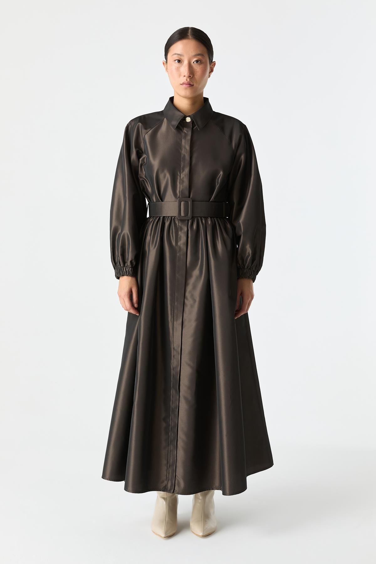 Kemerli Tafta Elbise KAHVERENGİ{KATEGORİ}