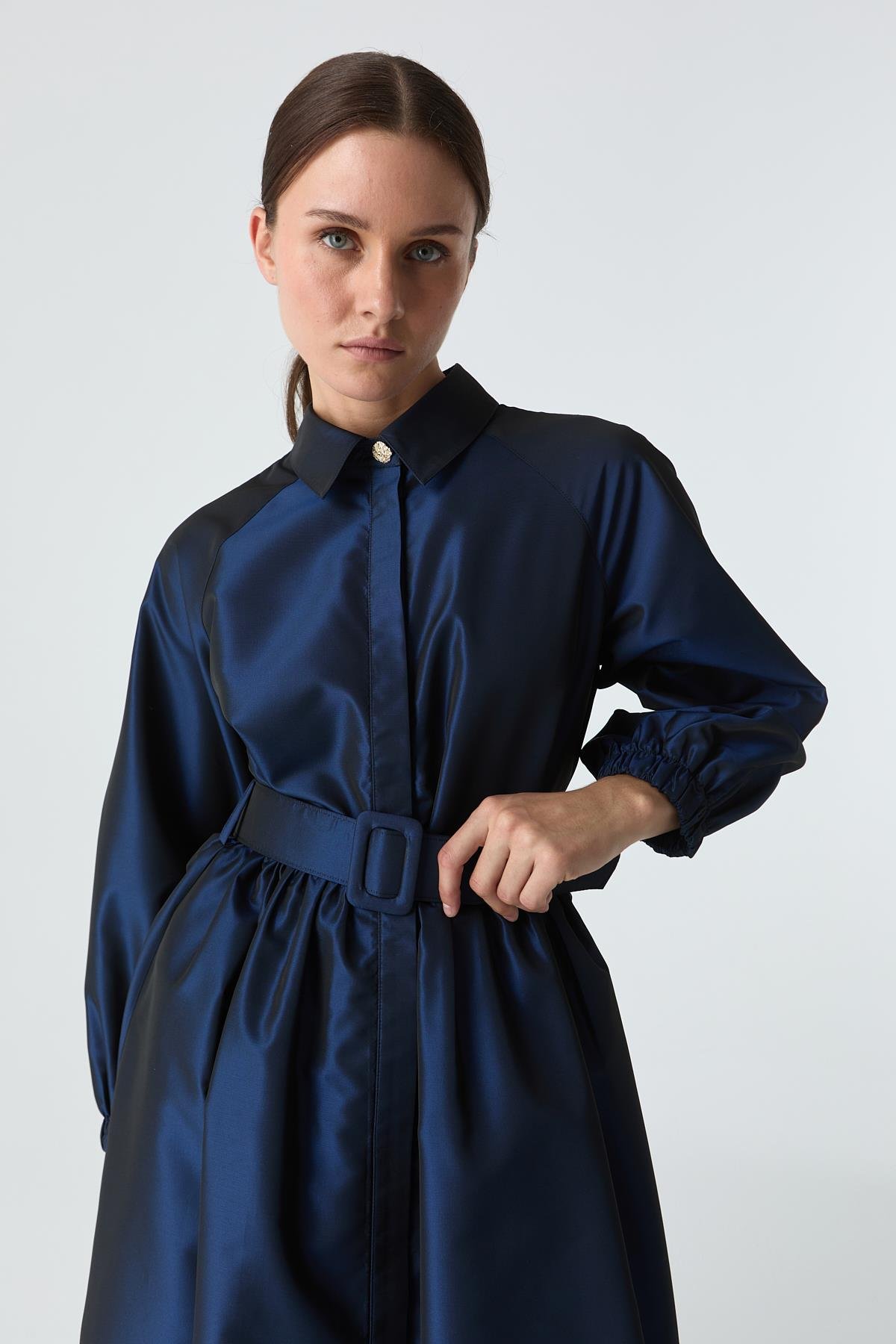 Kemerli Tafta Elbise GECE MAVİSİ{KATEGORİ}