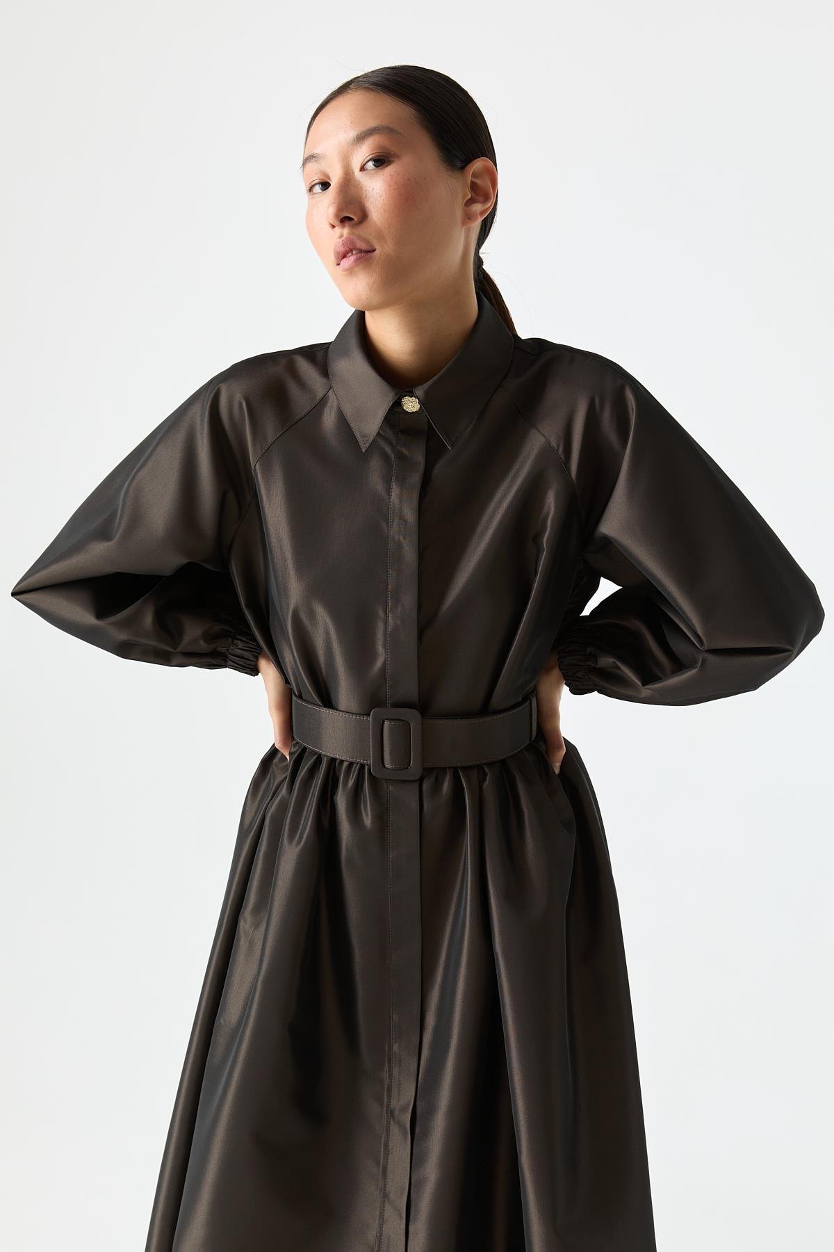 Kemerli Tafta Elbise KAHVERENGİ{KATEGORİ}