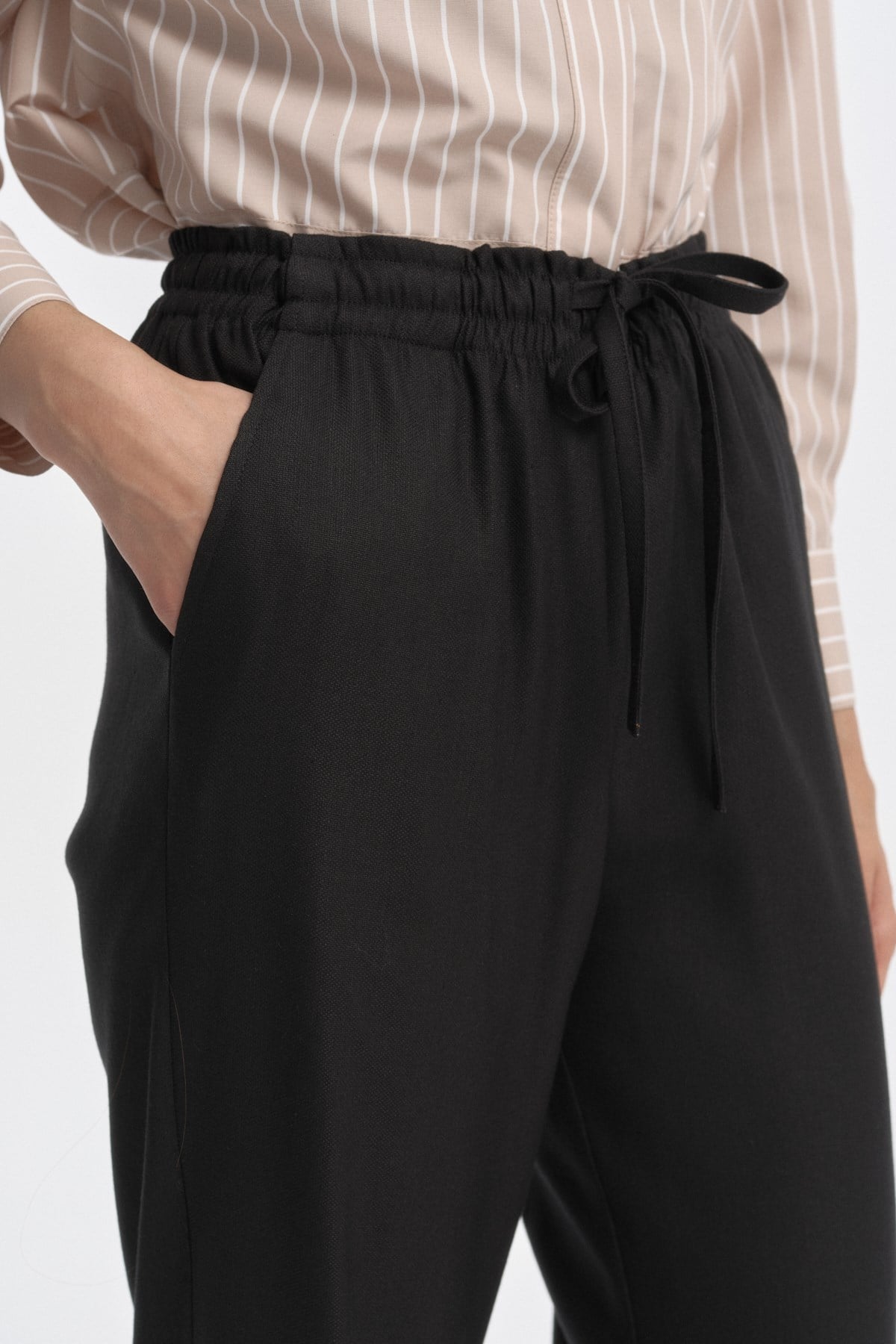 Keten Dokulu Bağcıklı Pantolon SİYAH{KATEGORİ}