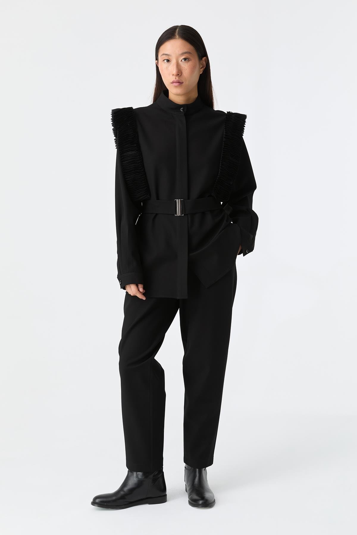 Kol Detaylı Kemerli Gömlek SİYAH{KATEGORİ}