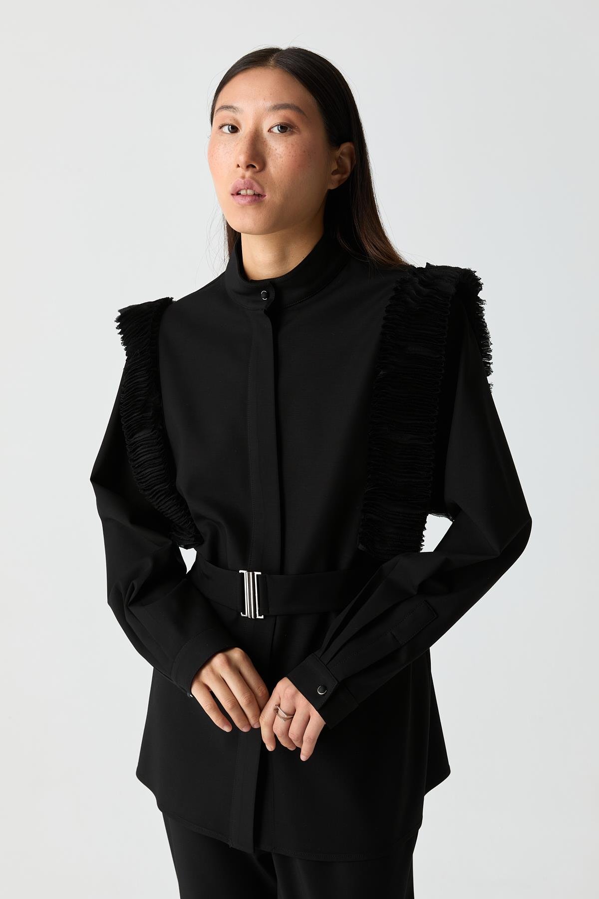 Kol Detaylı Kemerli Gömlek SİYAH{KATEGORİ}