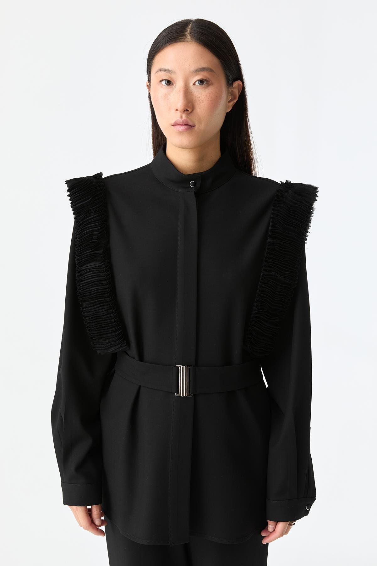 Kol Detaylı Kemerli Gömlek SİYAH{KATEGORİ}