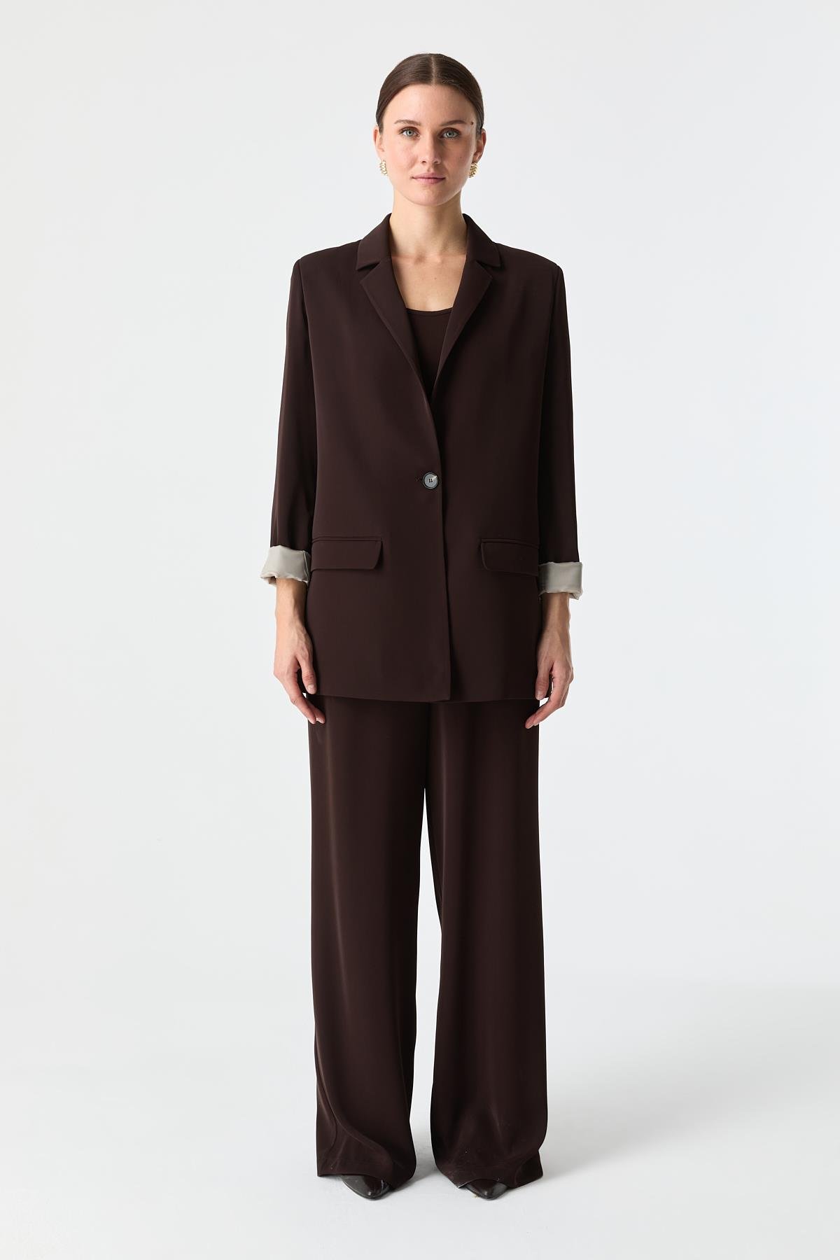 Kontrast Astarlı Blazer KAHVERENGİ{KATEGORİ}