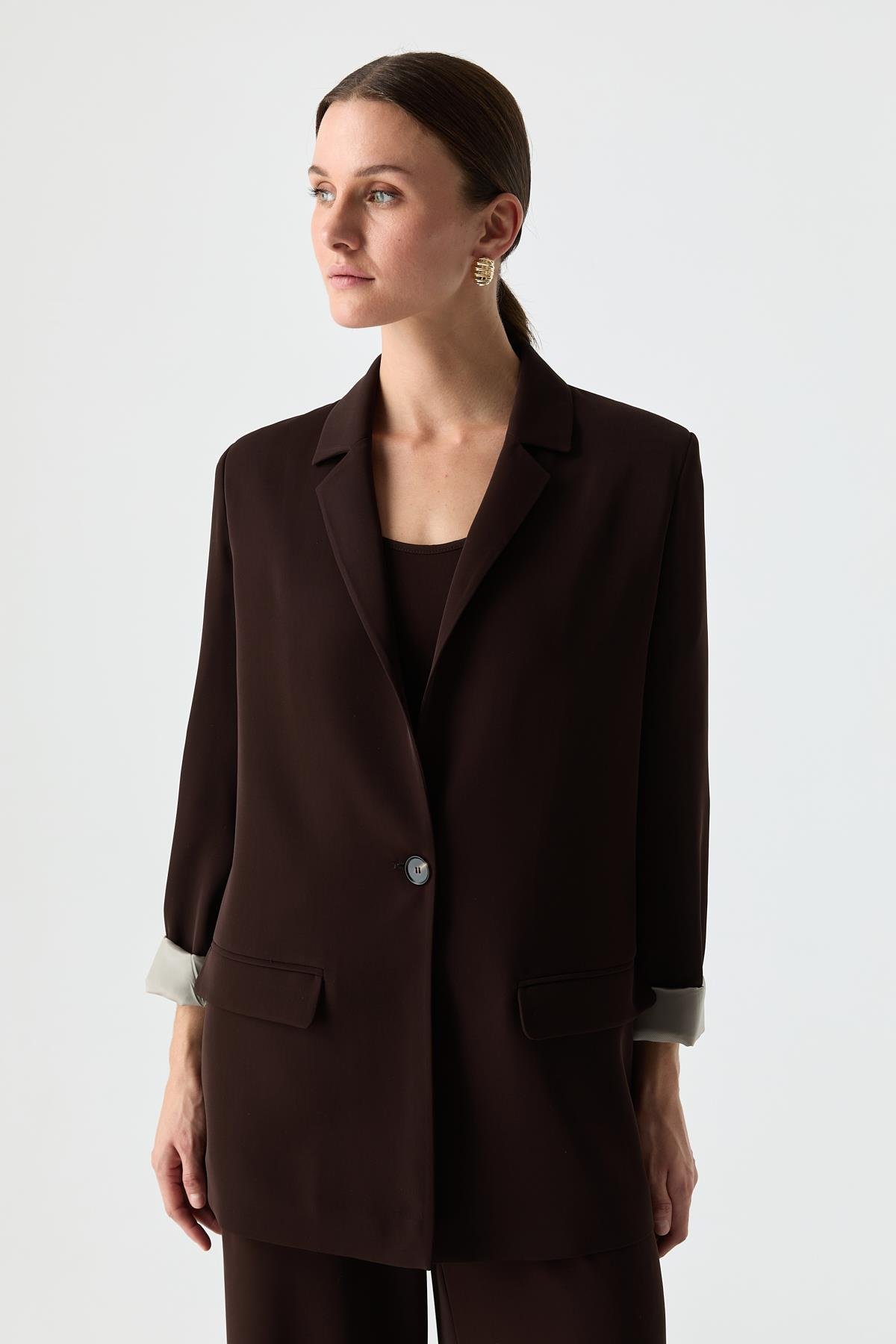 Kontrast Astarlı Blazer KAHVERENGİ{KATEGORİ}