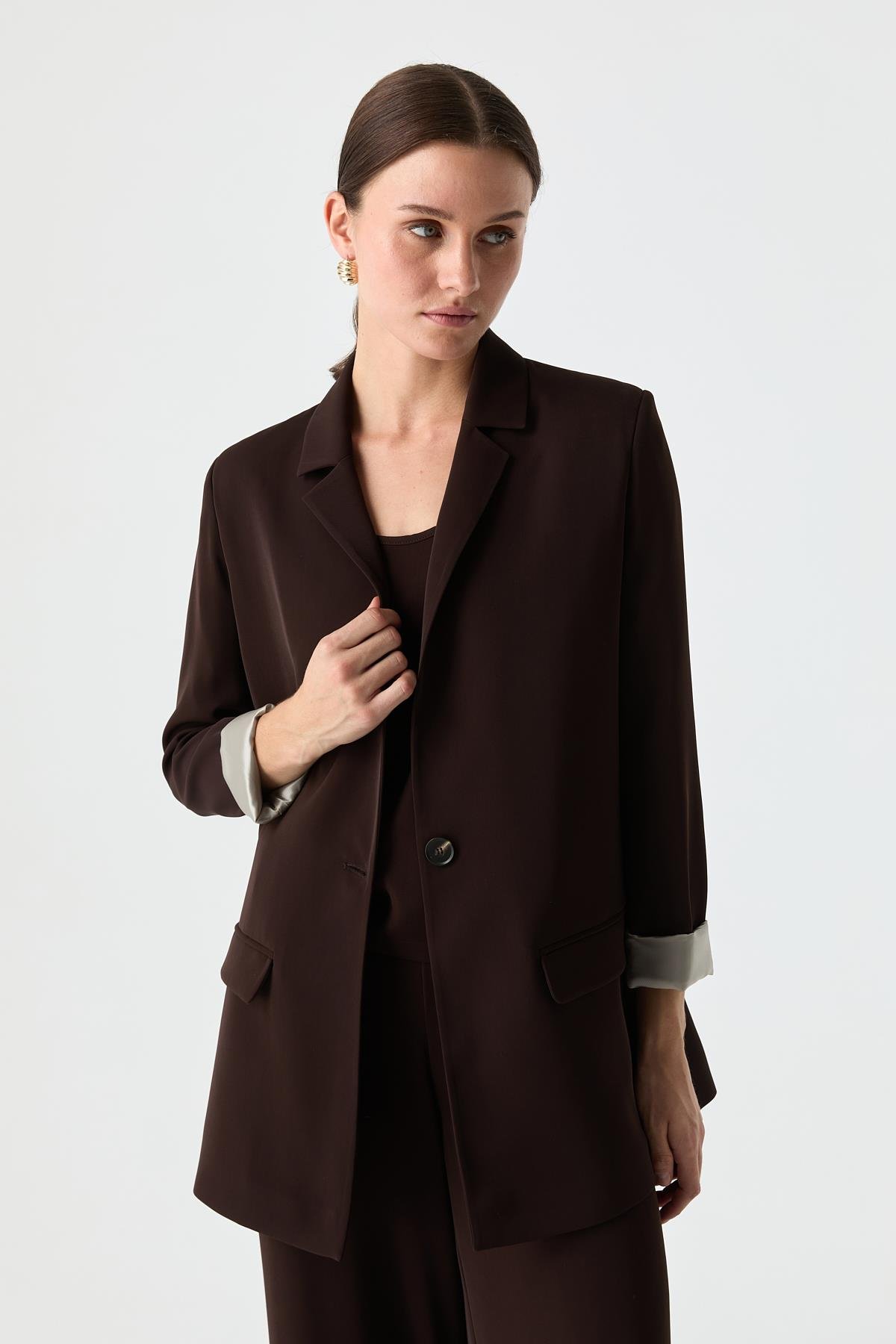 Kontrast Astarlı Blazer KAHVERENGİ{KATEGORİ}