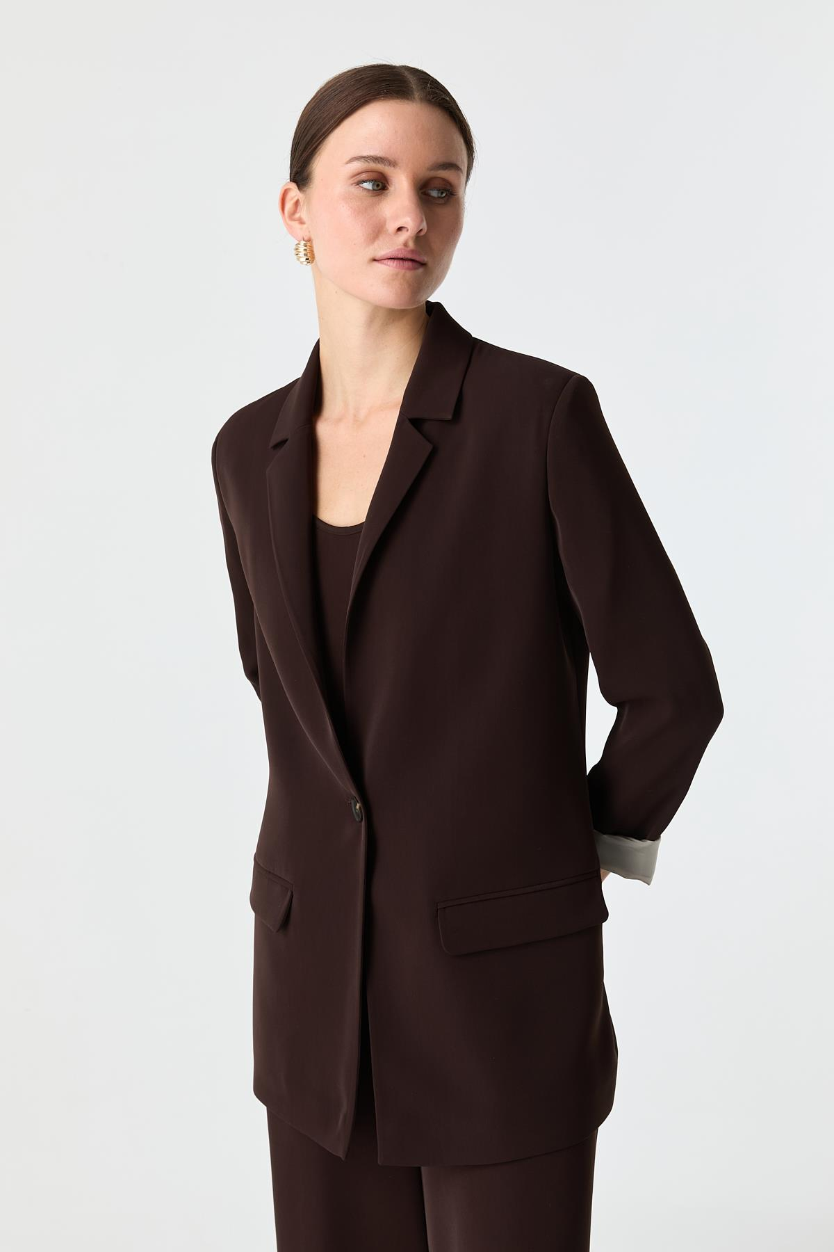 Kontrast Astarlı Blazer KAHVERENGİ{KATEGORİ}