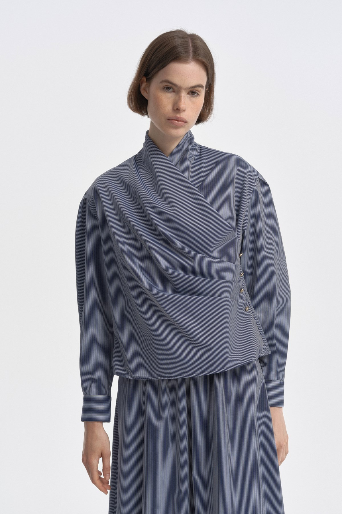 Marin Çizgili Drape Bluz LACİVERT{KATEGORİ}