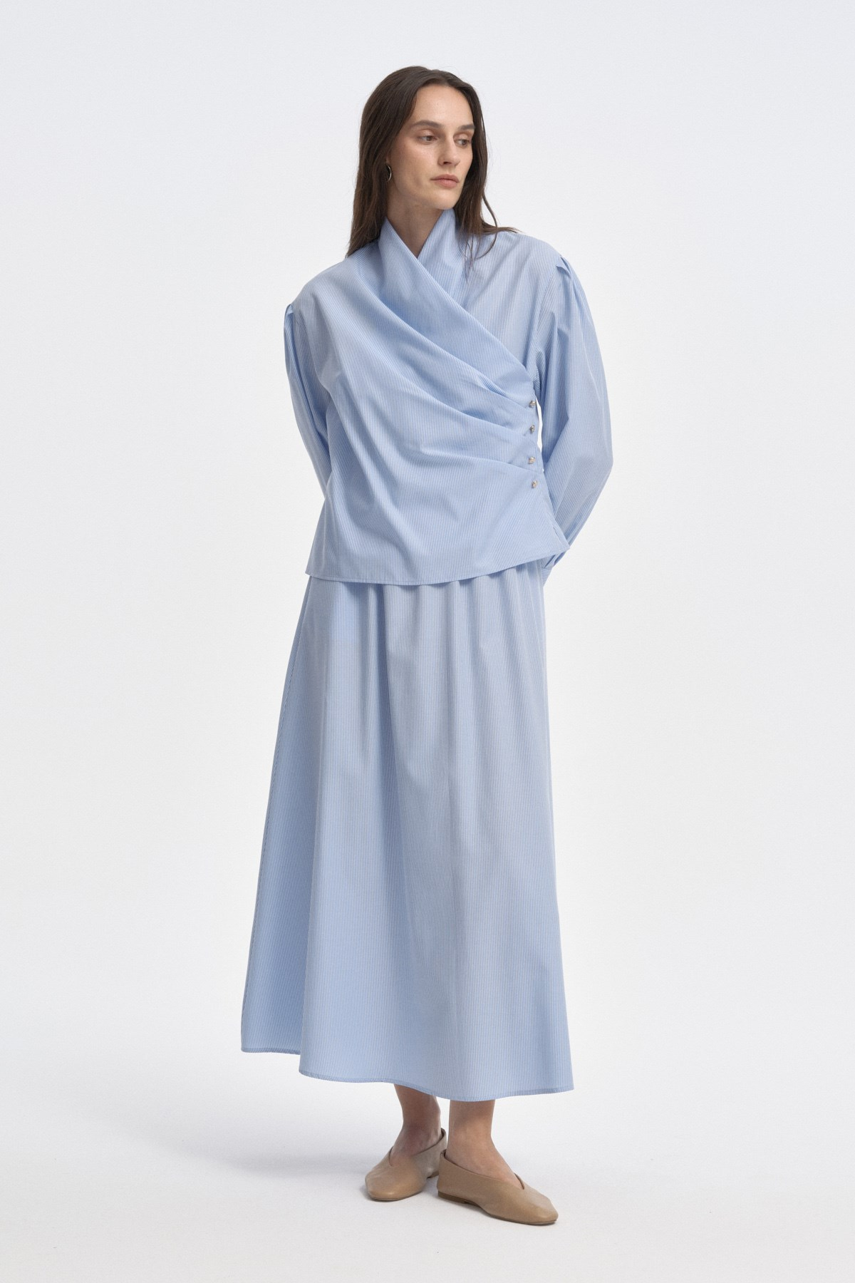 Marin Çizgili Drape Bluz AÇIK MAVİ{KATEGORİ}