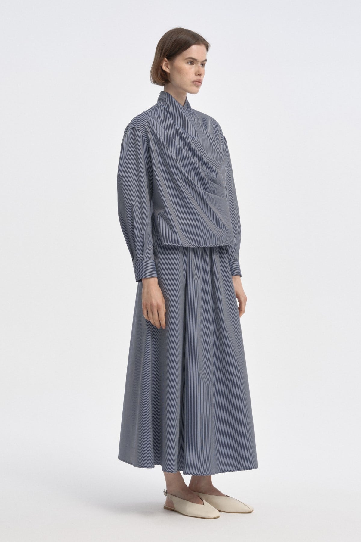Marin Çizgili Drape Bluz LACİVERT{KATEGORİ}
