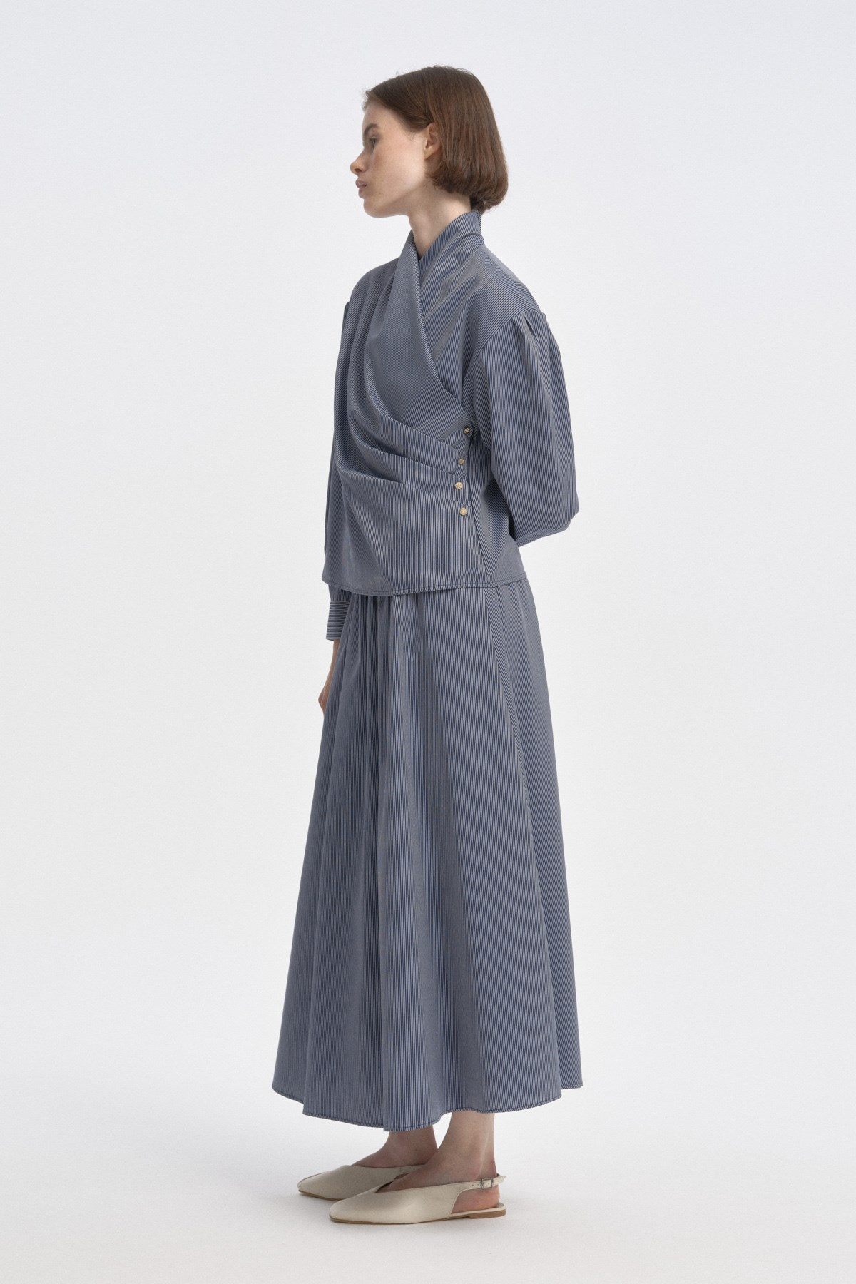 Marin Çizgili Drape Bluz LACİVERT{KATEGORİ}