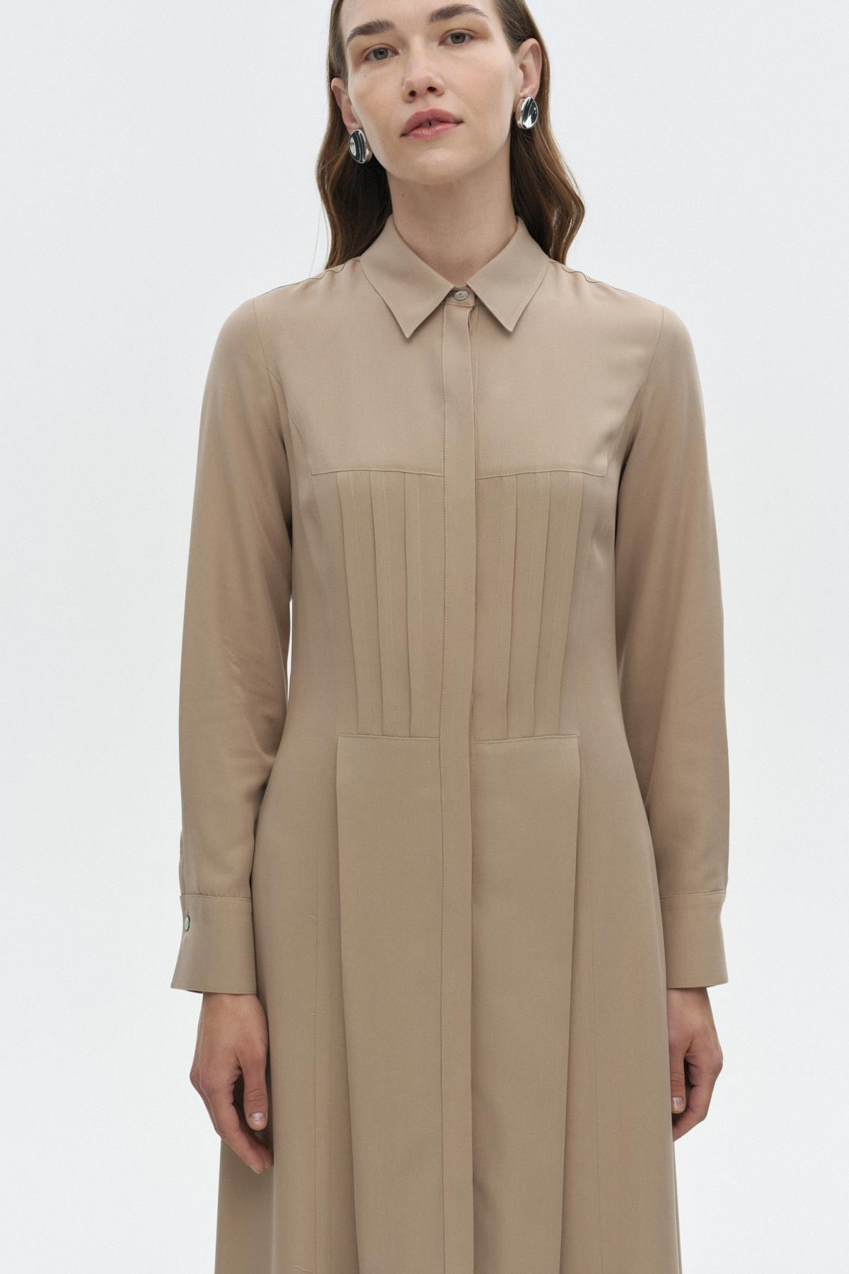 Nervür Dikişli Elbise BEJ{KATEGORİ}