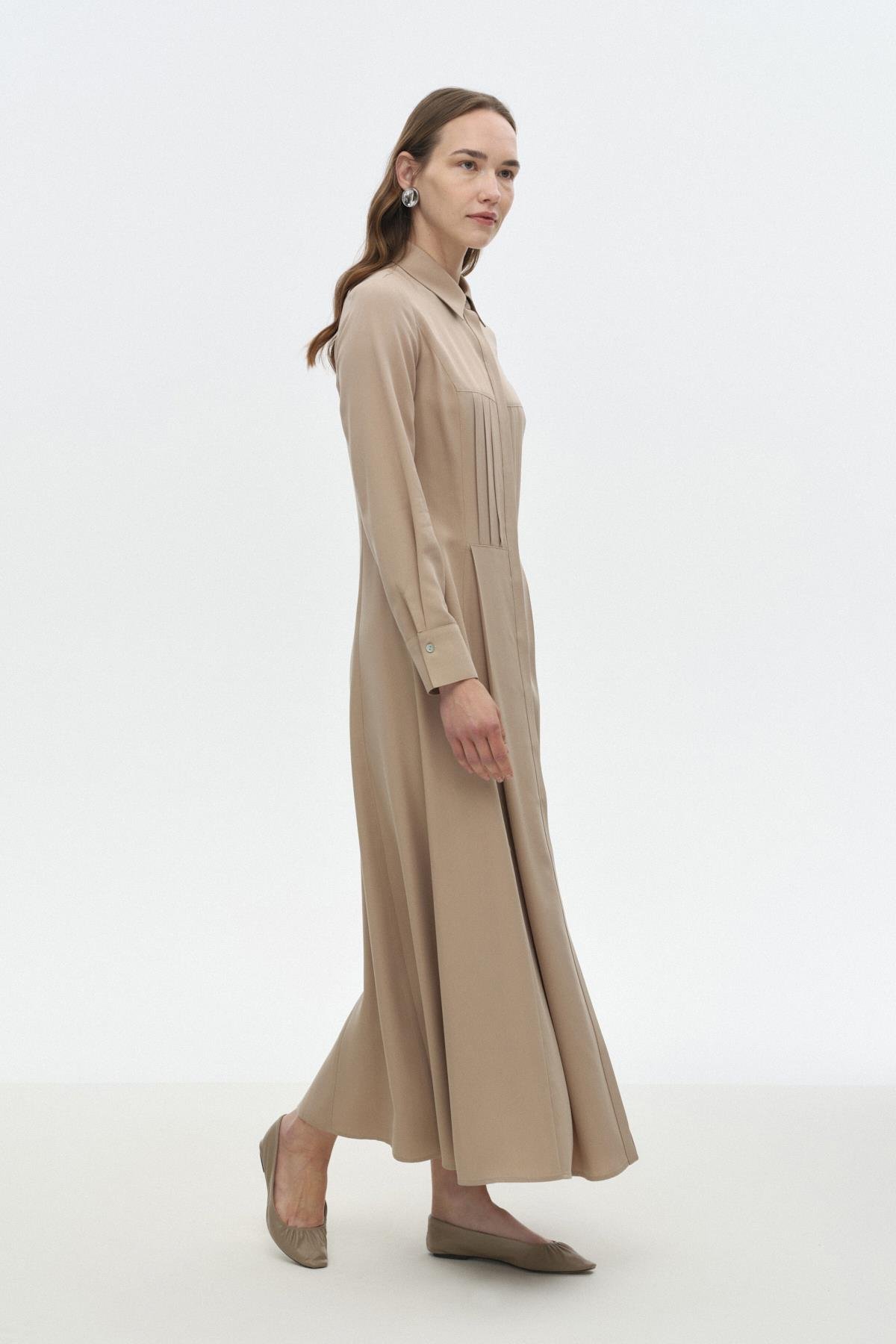 Nervür Dikişli Elbise BEJ{KATEGORİ}