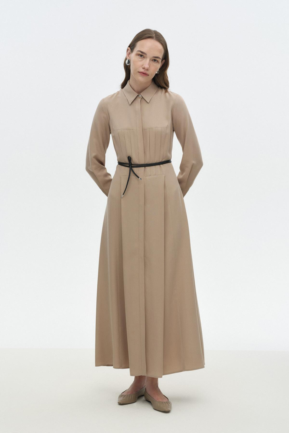 Nervür Dikişli Elbise BEJ{KATEGORİ}