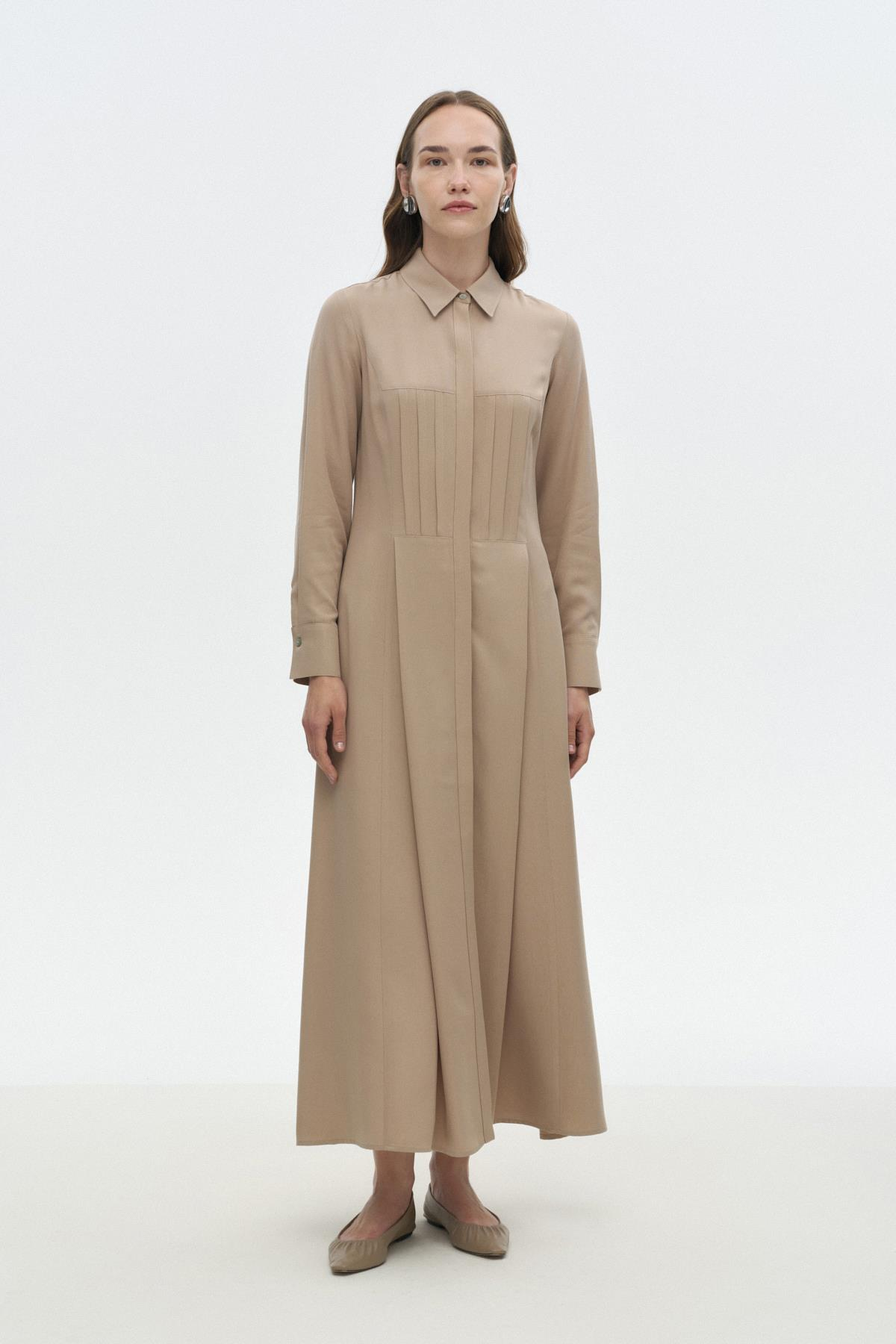 Nervür Dikişli Elbise BEJ{KATEGORİ}