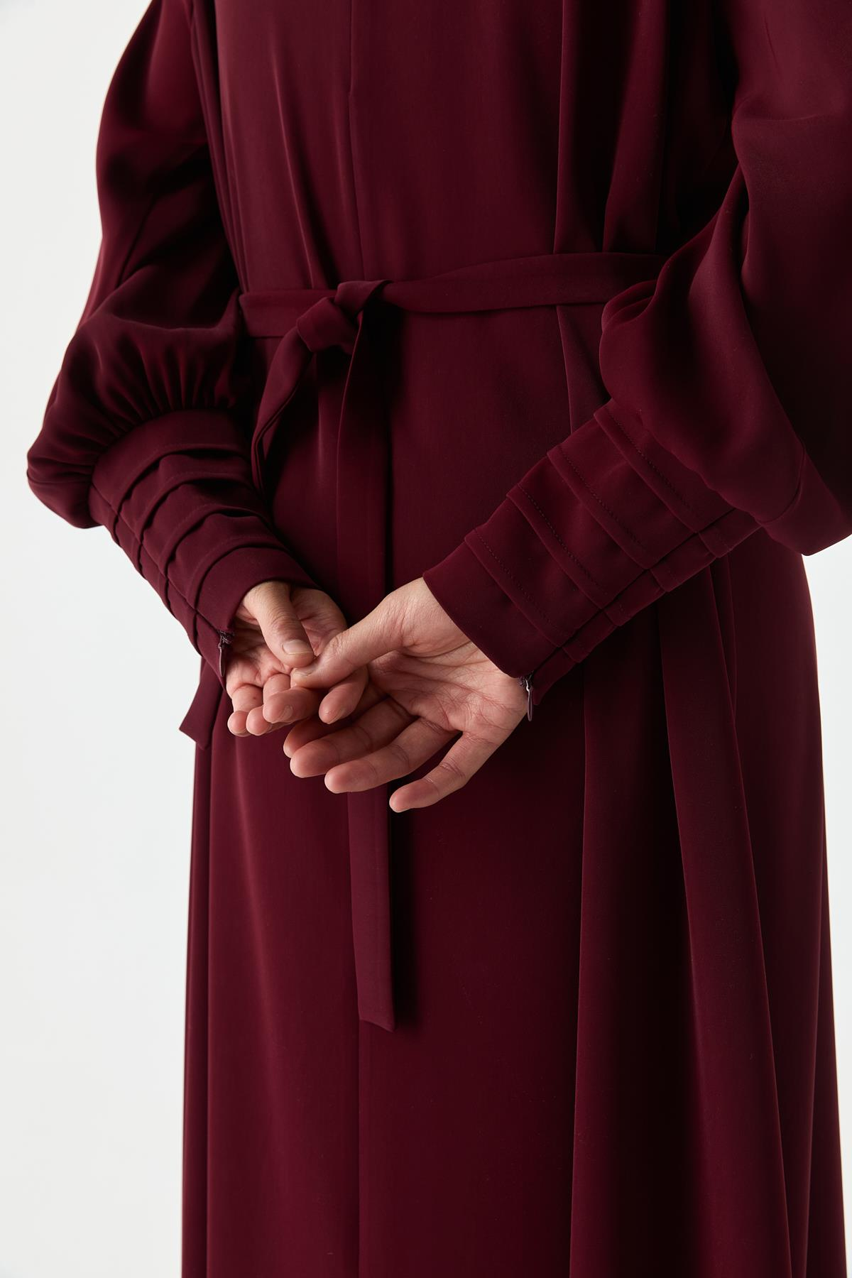 Önü Düğmeli Dökümlü Elbise BORDO{KATEGORİ}