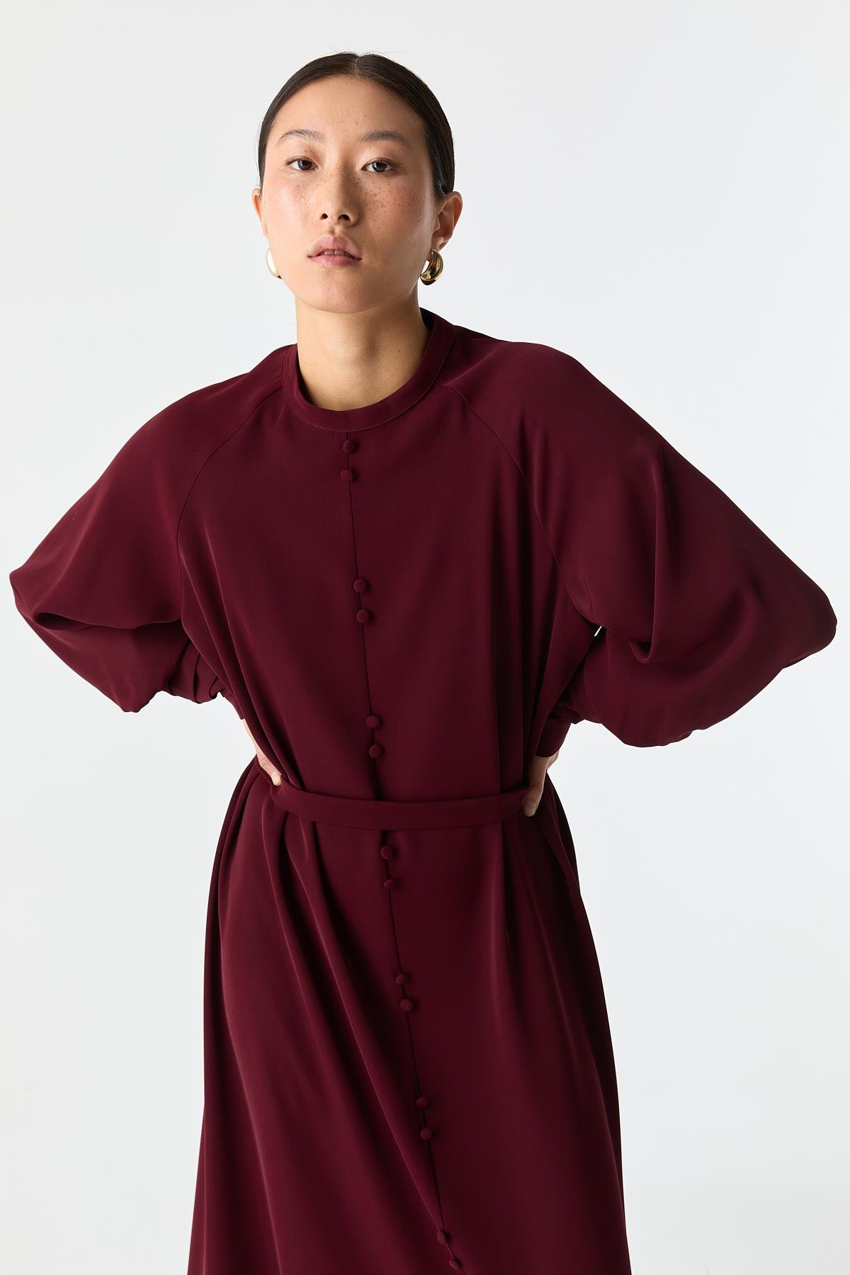 Önü Düğmeli Dökümlü Elbise BORDO{KATEGORİ}