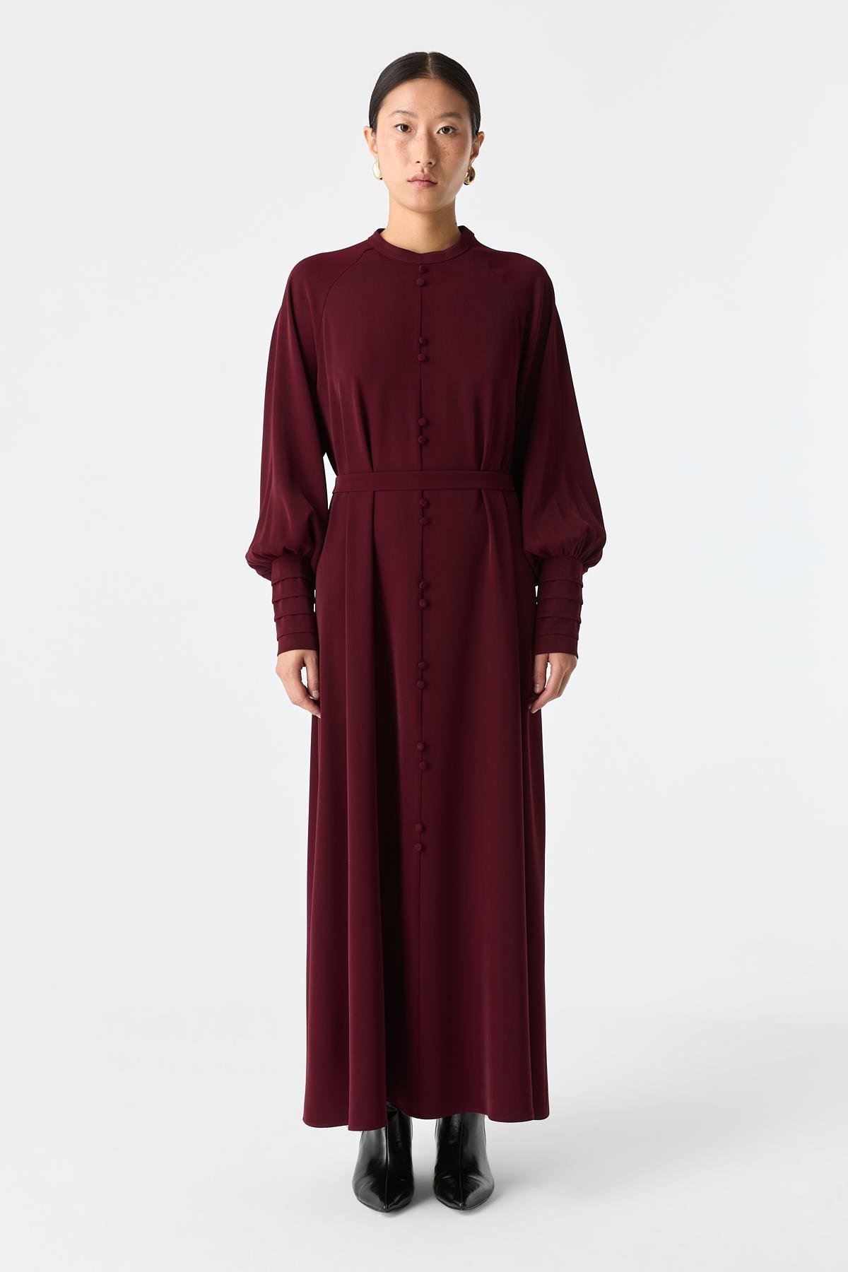 Önü Düğmeli Dökümlü Elbise BORDO{KATEGORİ}