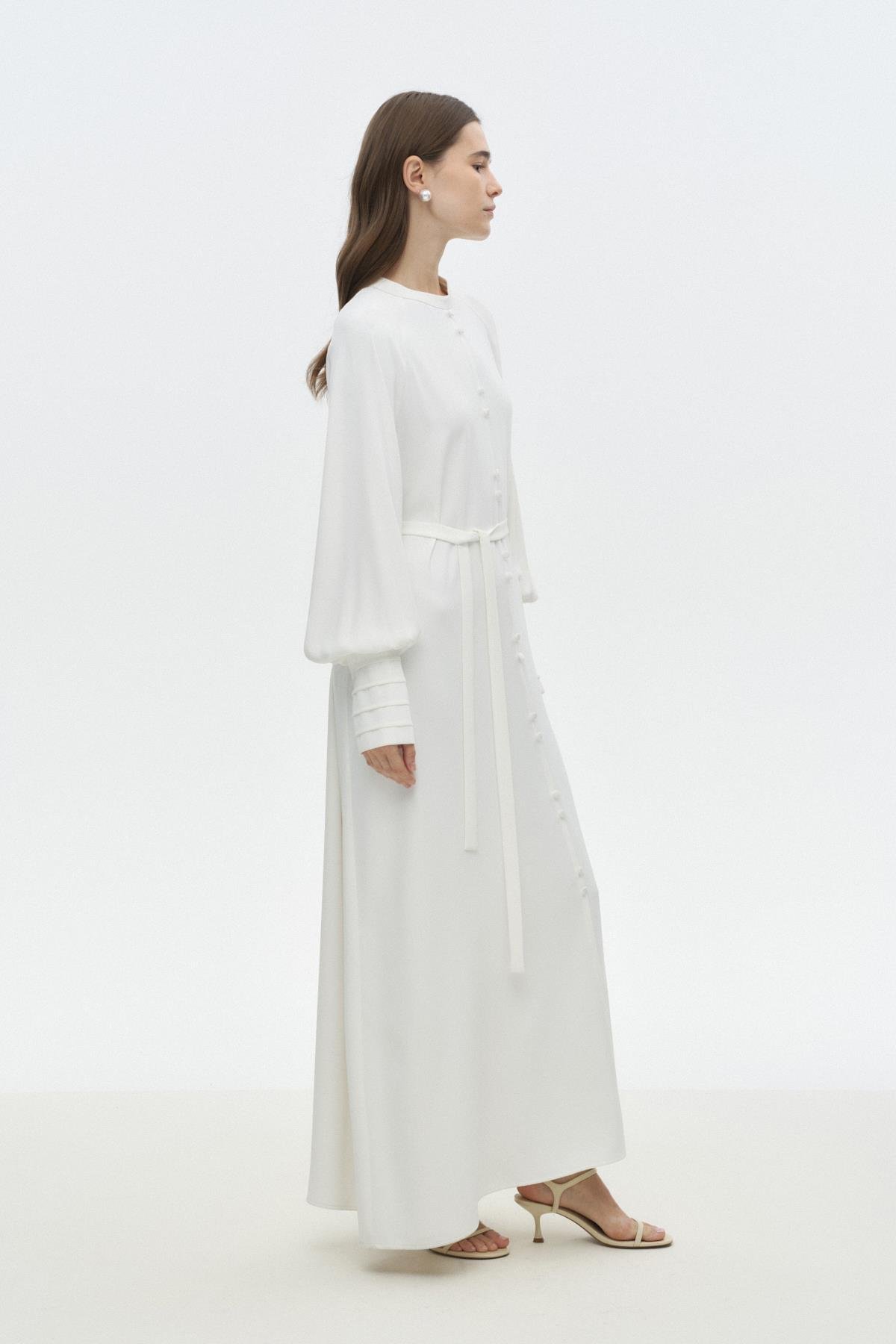 Önü Düğmeli Dökümlü Elbise BEYAZ{KATEGORİ}