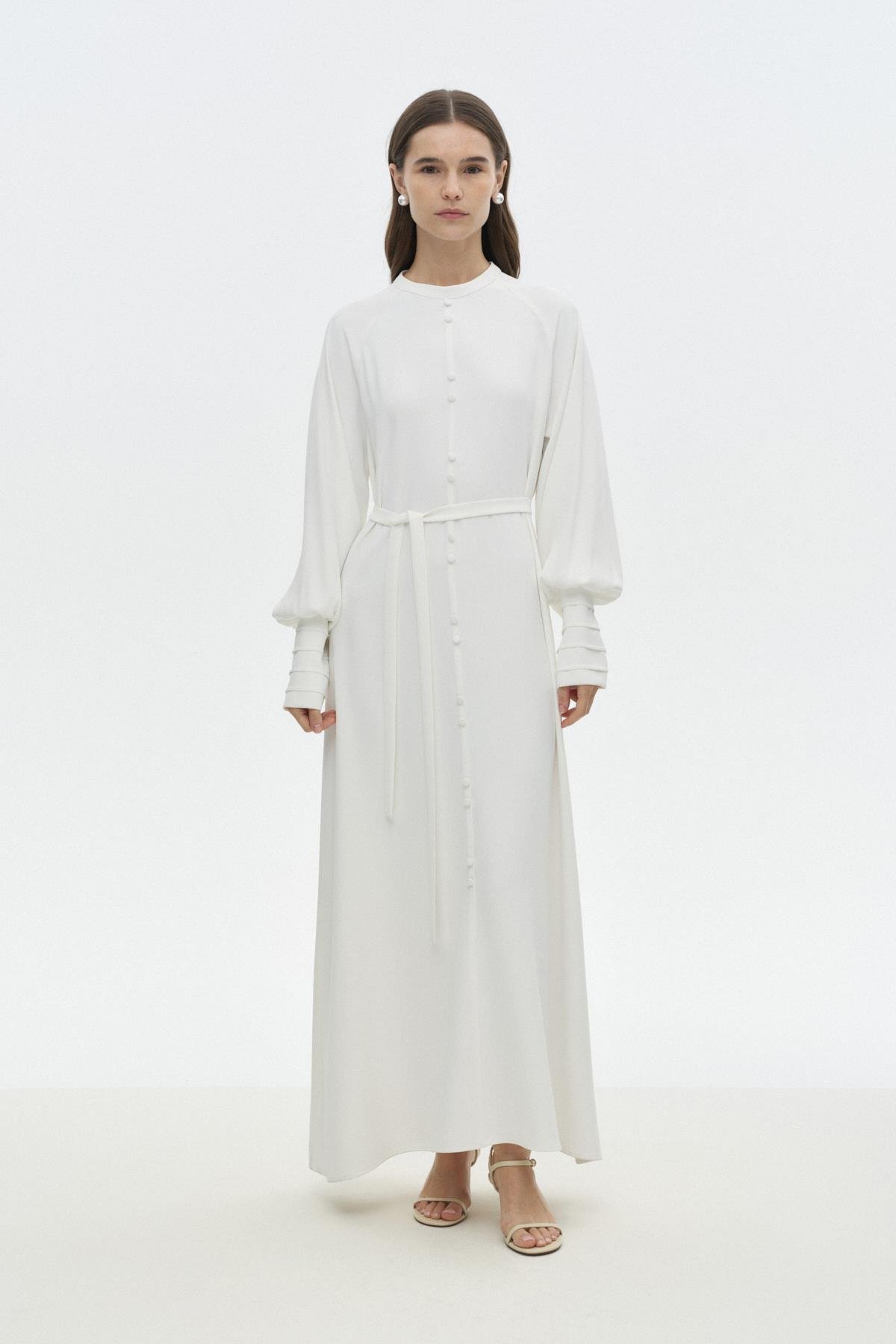 Önü Düğmeli Dökümlü Elbise BEYAZ{KATEGORİ}